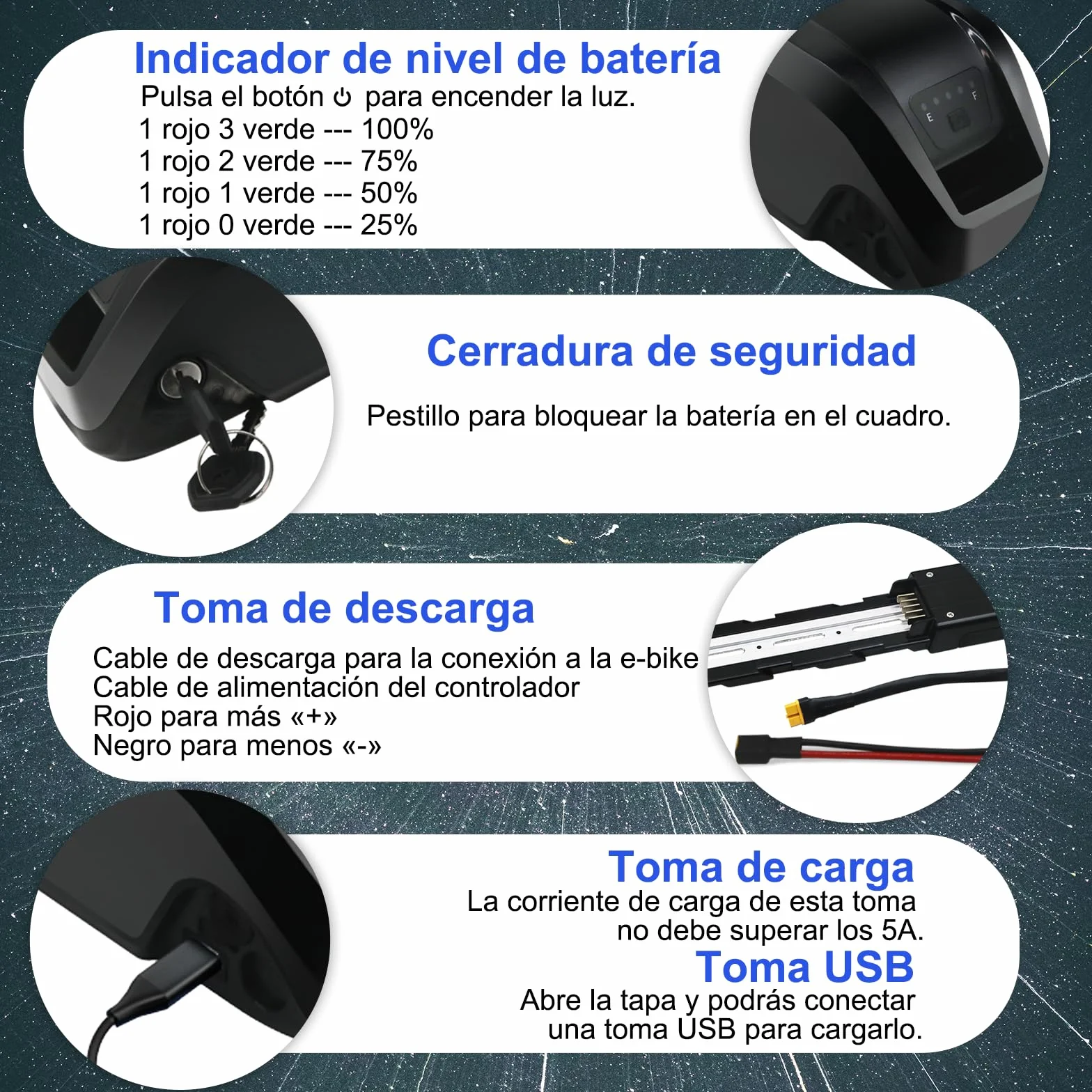 36V 48V Batería Ebike Bicicleta eléctrica 8Ah/10Ah/15Ah/20Ah Hailong Batería con 30A BMS, Cargador rápido 2A, Salida USB, Cierre Seguro, Placa Base 5 Pin, para Motor 0-1400W