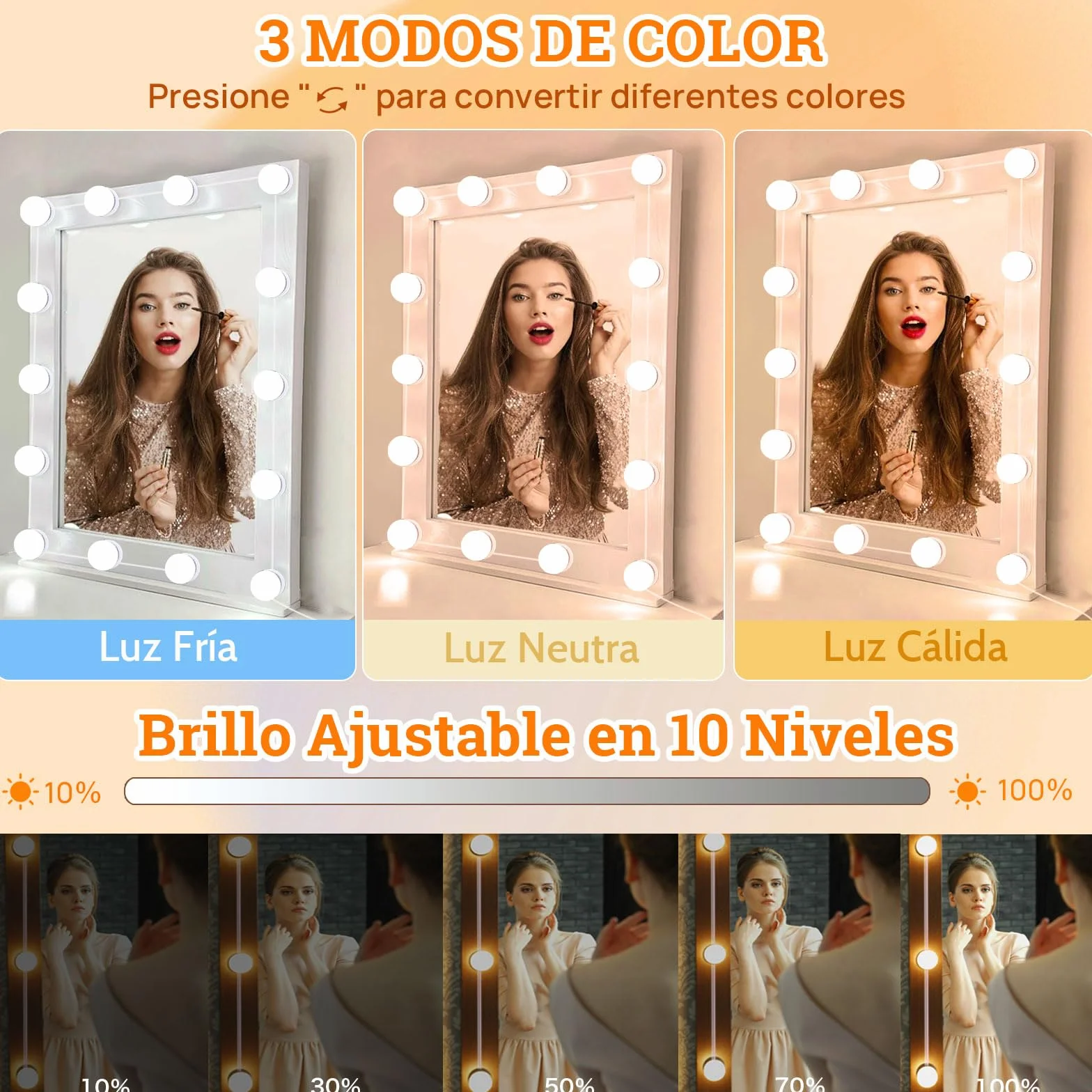 Lumière de Miroir LED Hollywood Dimmable Kit de 14 Ampoules avec Adaptateur USB Câble Réglable 3 Couleurs 10 Intensités