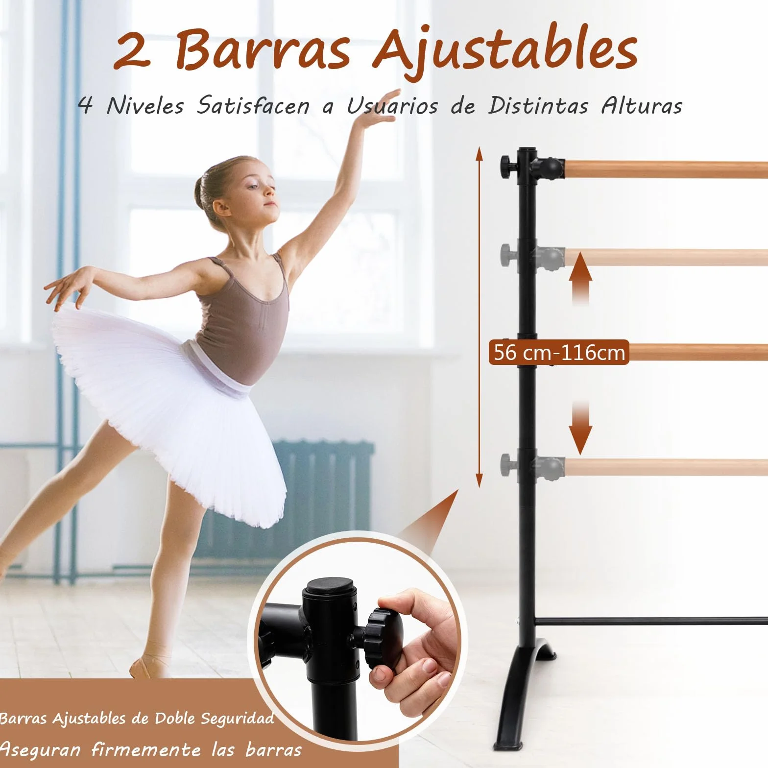 GOPLUS Barras de Ballet Portátil de 122 CM, Barra de Baile Independiente con Alturas Ajustables de 4 Posiciones, 2 Barras de Madera Maciza, Marco de Metal Resistente, Doble Barra de Ballet