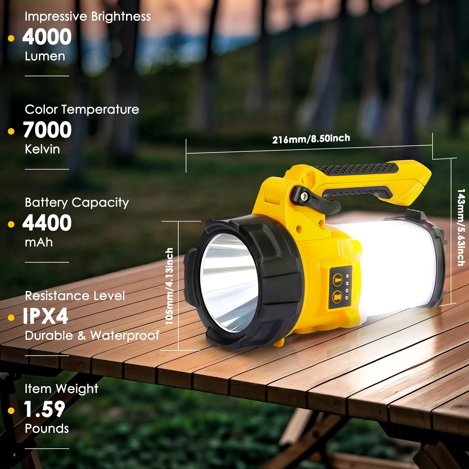 BOBKID - Linterna de camping recargable, 6 modos, linterna LED de mano con 2000 lúmenes, banco de energía de 4400 mAh, reflector impermeable IPX4, luz de trabajo para kits de supervivencia de