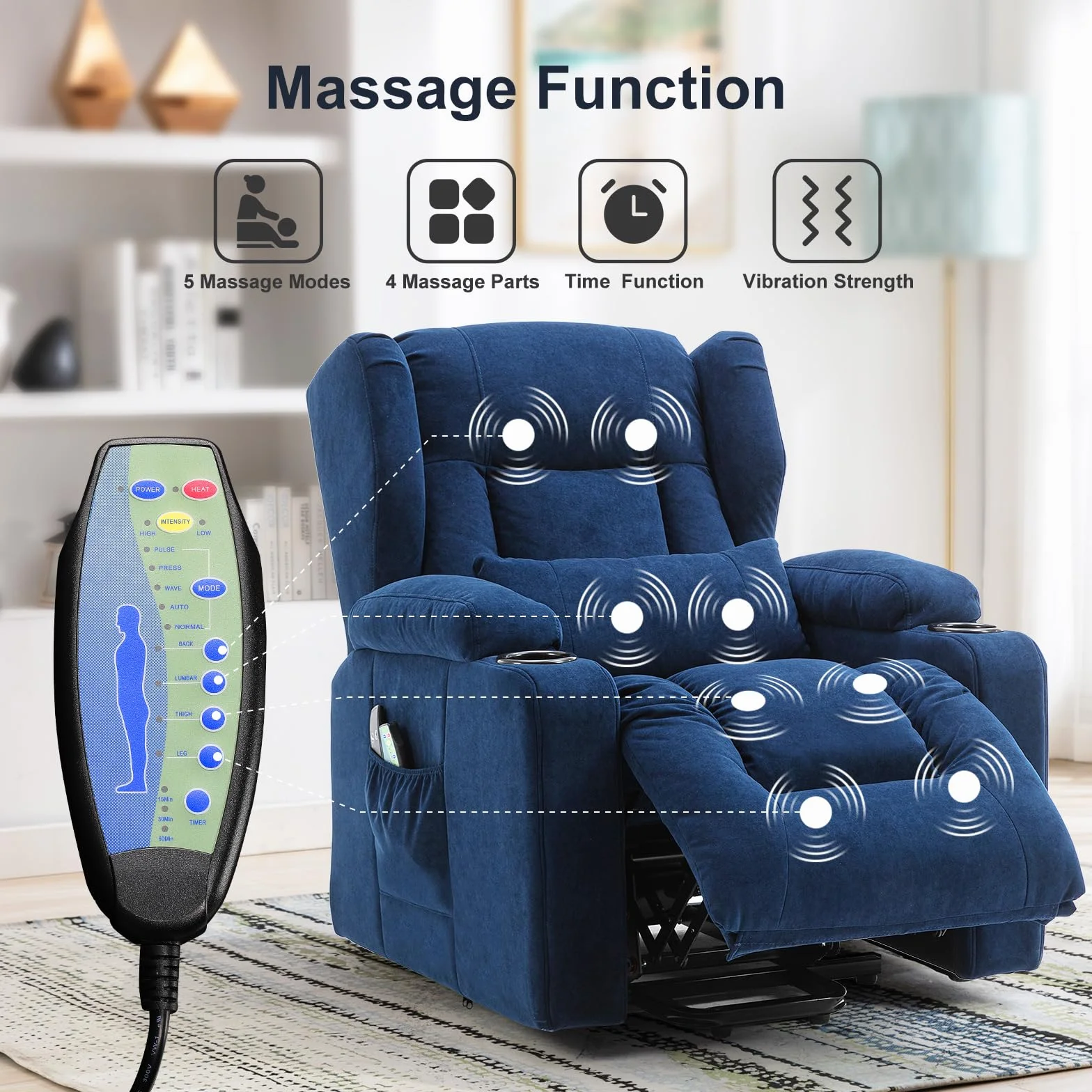 COMHOMA Sillón Relax Masaje Reclinable Eléctrico de Tela con 8 Puntos de Masaje Vibrante, Poltrona Reclinável Azul