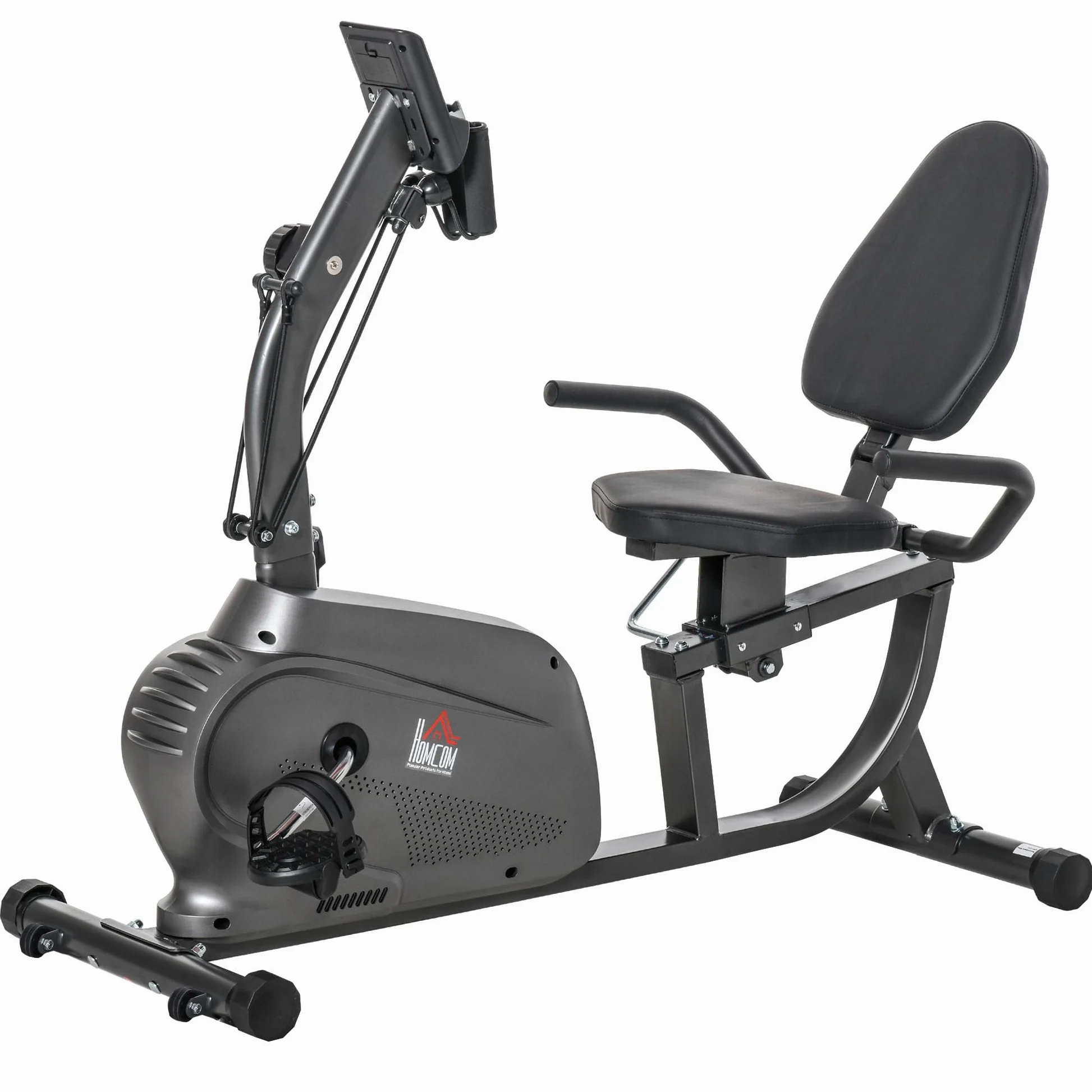 HOMCOM Bicicleta Estática con Respaldo 8 Niveles de Resistencia Volante | Bicicleta Estática Reclinadas, Asiento Ajustable, Pantalla LCD, Soporte Teléfono, Bandas, Ruedas, Entrenamientos Recuperación