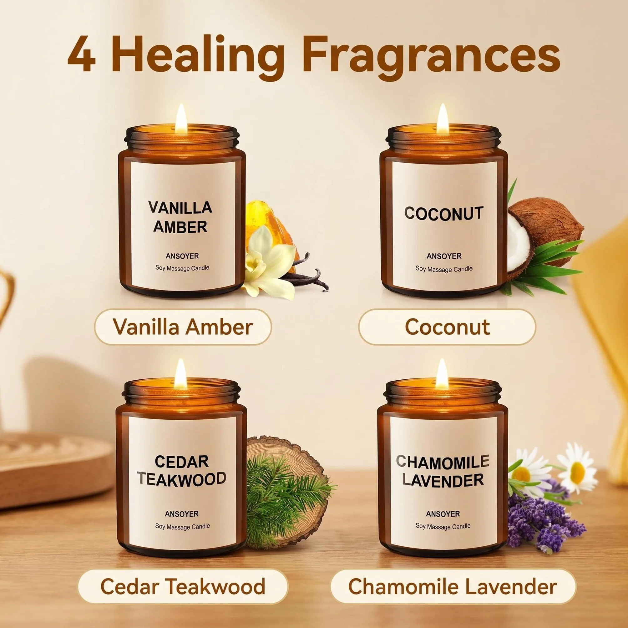 Velas de Masaje 4 Pack 512g Caja Regalo Ámbar Vainilla Coco Madera de Cedro Manzanilla Lavanda