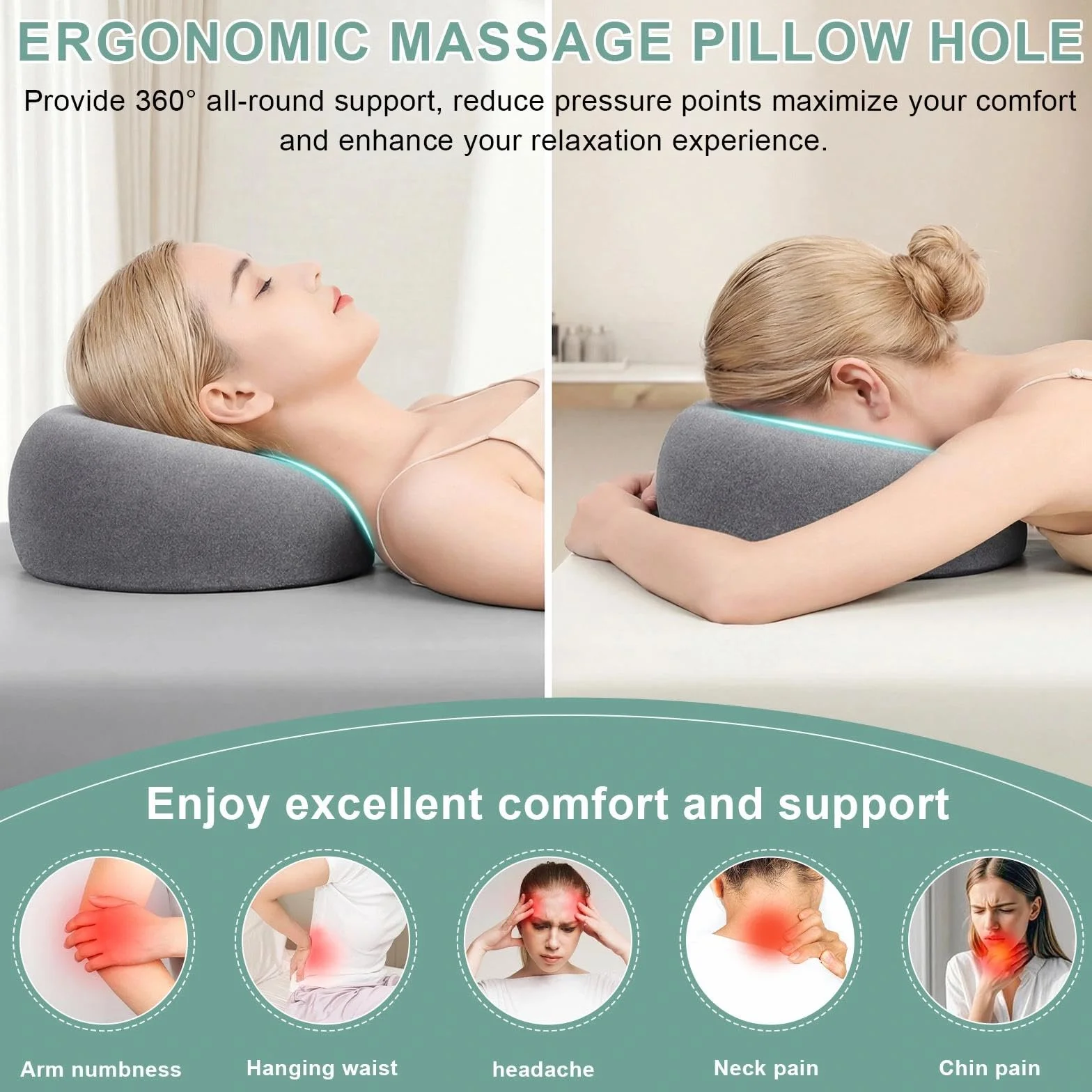 Almohada de Masaje Facial Boca Abajo con Agujero - Reposacabezas en Forma de U con Espuma Viscoelástica Gris