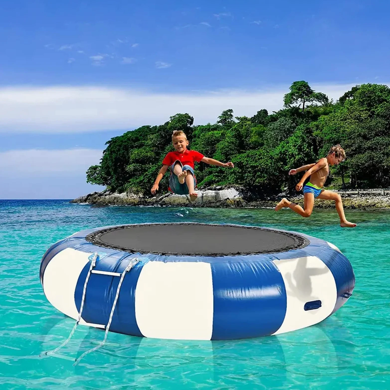 Trampolín inflable de agua con inflador eléctrico, rebotador de salpicaduras de buceo, escalera de cuerda, cuerdas de amarre y ancla para piscinas y lagos
