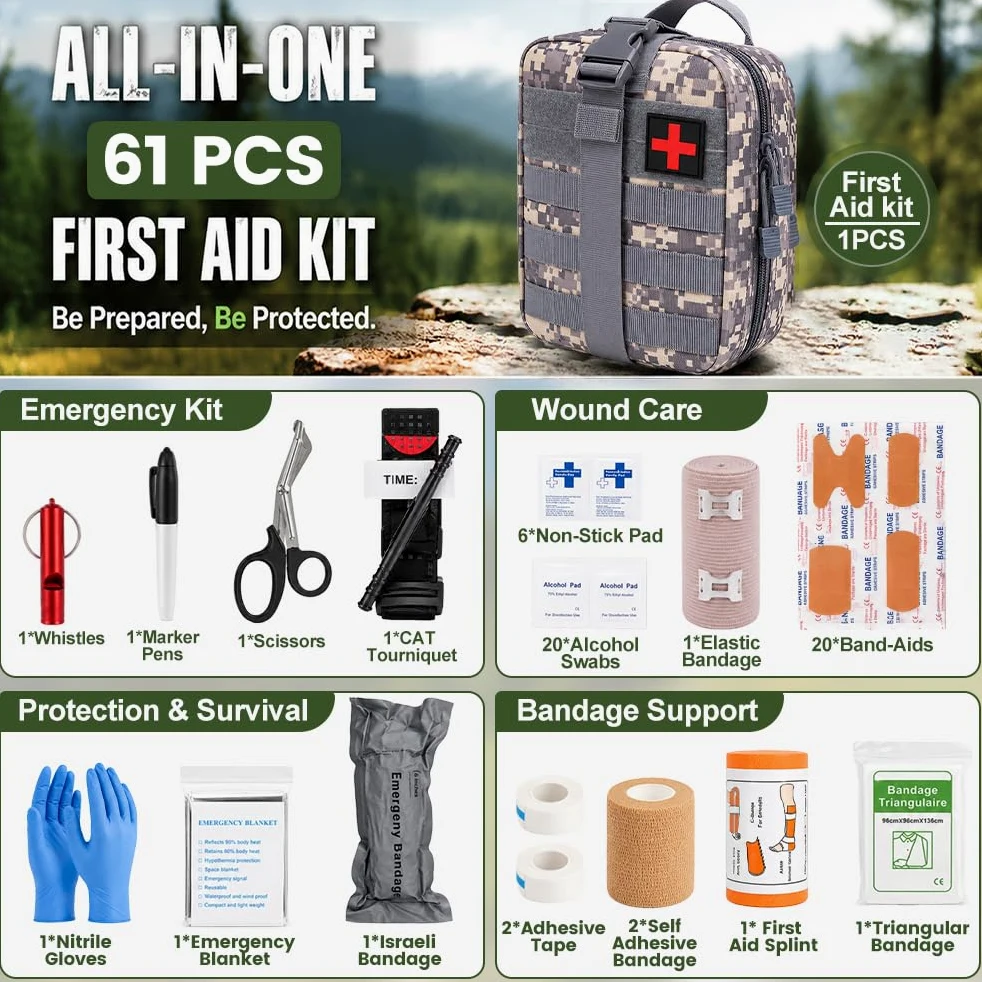 Juego de primeros auxilios militares para exteriores, 61 unidades, kit de primeros auxilios militares, relleno de Ifak, kit de emergencia, kit de supervivencia para acampar al aire libre, caza