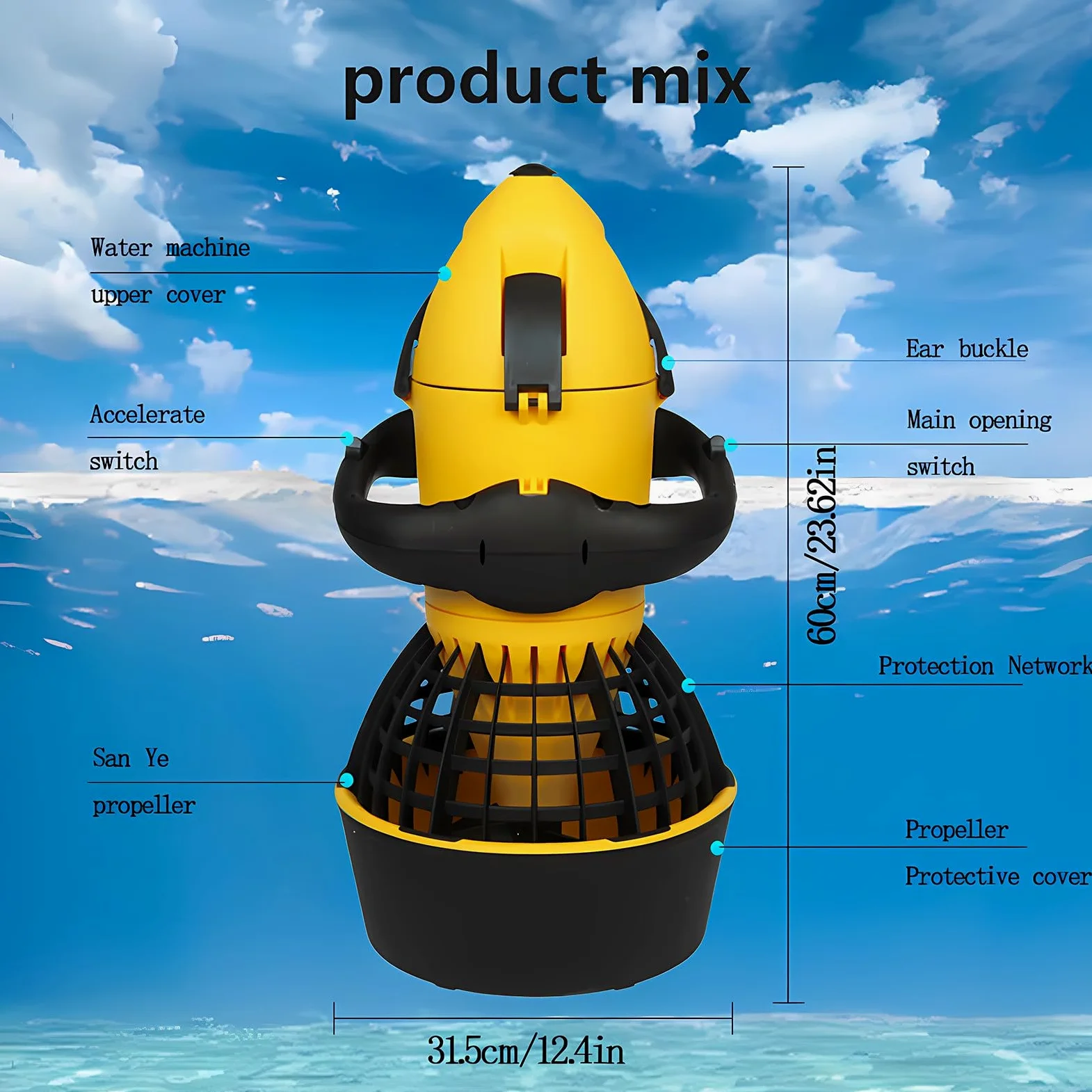 Sea Scooter - Impulsor de agua eléctrico para buceo, esnórquel, aventuras en la piscina, mango estable, batería de litio desmontable, motor sin escobillas