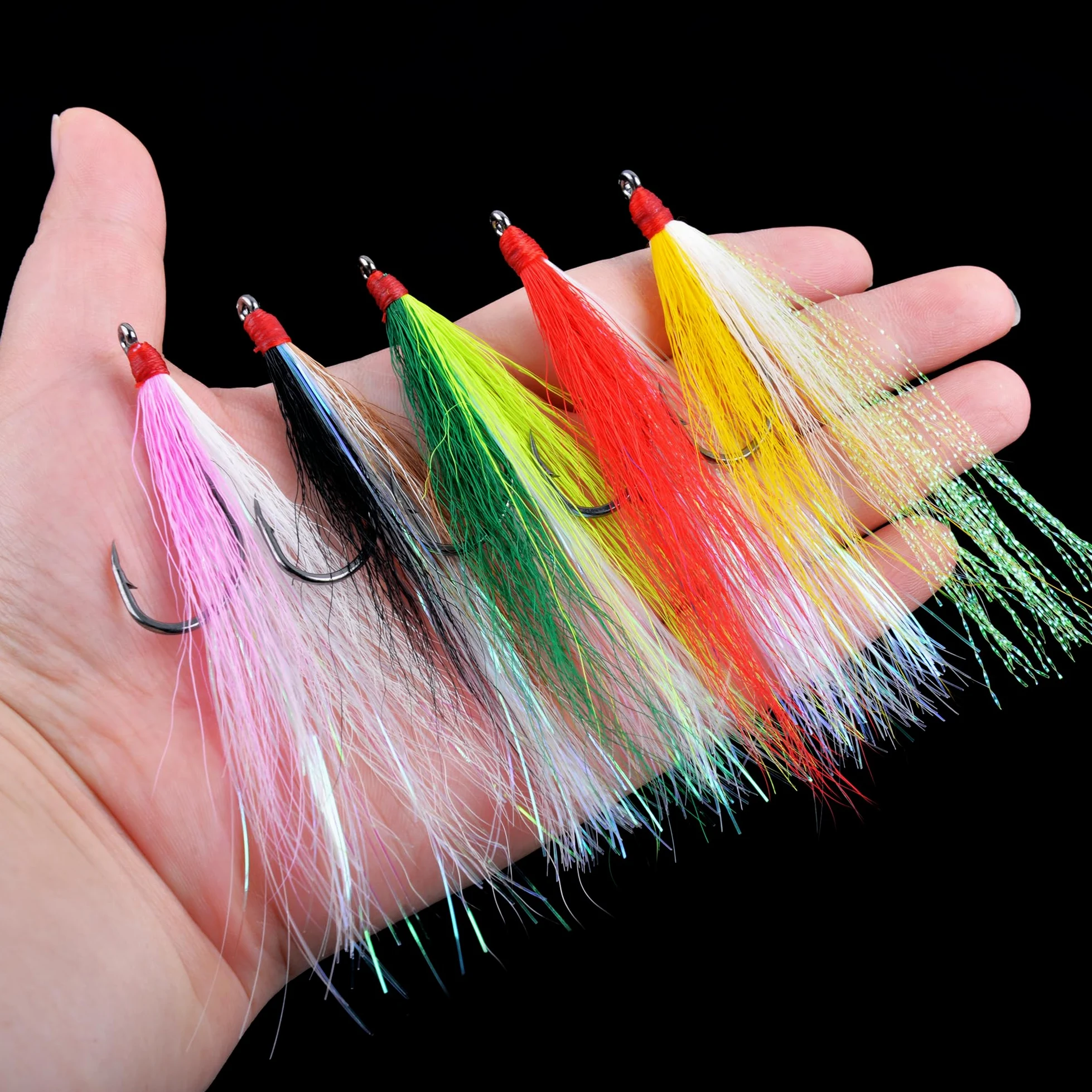 10 piezas Bucktail Teaser con ganchos de pesca, 5 colores, señuelos de pesca de cola de hebilla crastal Mylar Flash Faldas para trucha salmón mezcla de colores