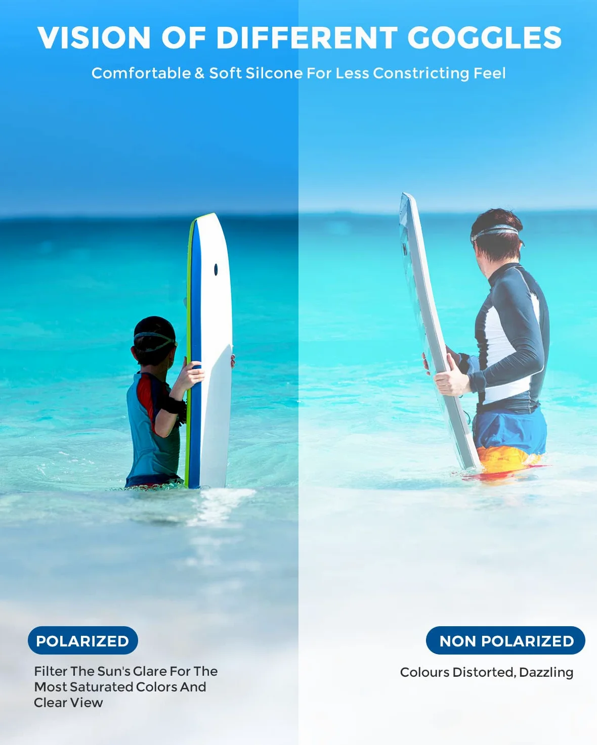 OMID - Gafas de natación para niños, 2 paquetes P2, cómodas polarizadas, unisex, antiempañamiento, sin fugas, para niños con protección UV de 6 a 14 años (azul dorado y negroazul)