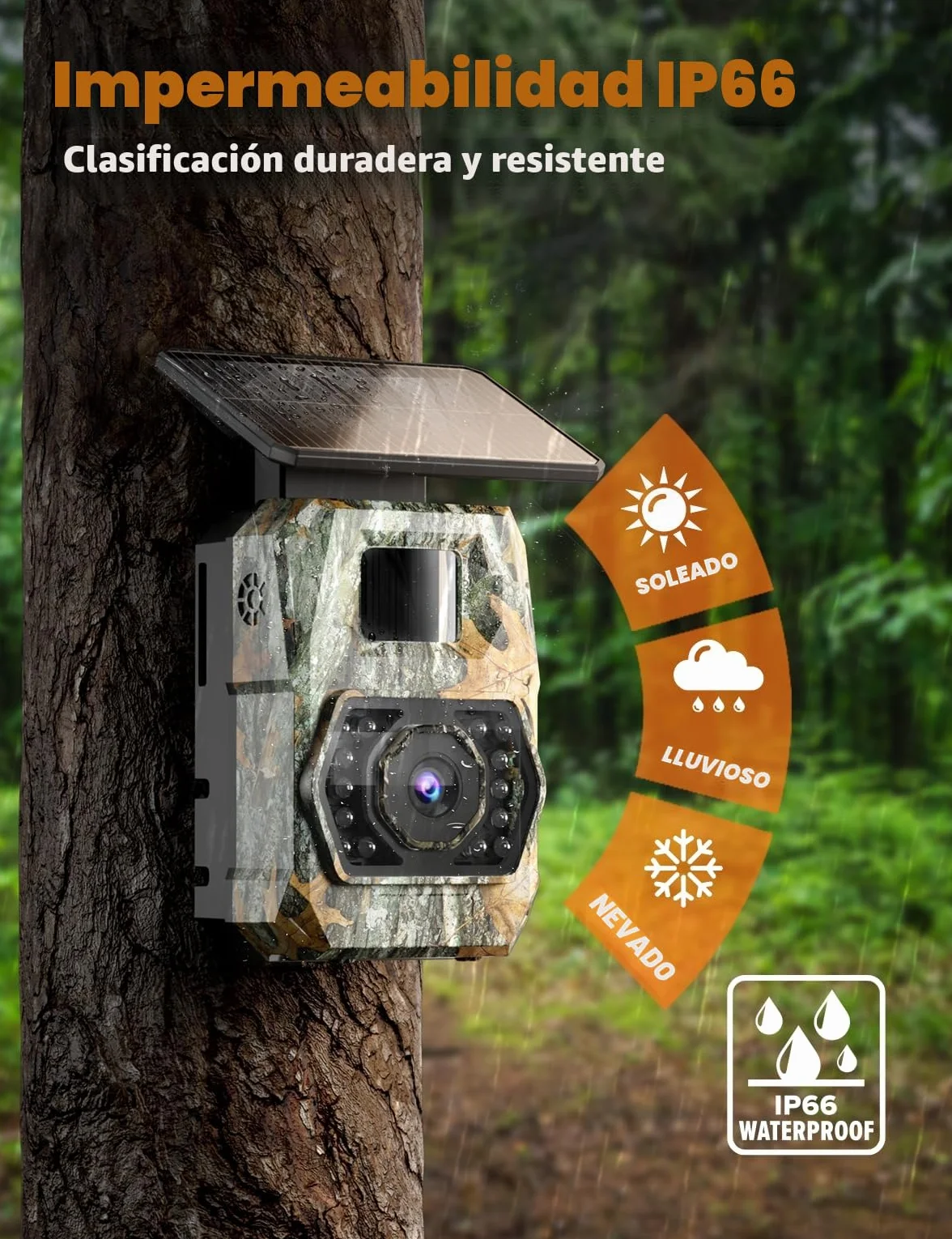 Cámara de Caza Solar WiFi 4K 60MP con Batería Recargable de 5200 mAh, Camara Fototrampeo con Visión Nocturna, 0.1s Tiempo de Activación, IP66, Observación de Animales, con Tarjeta SD de 32GB