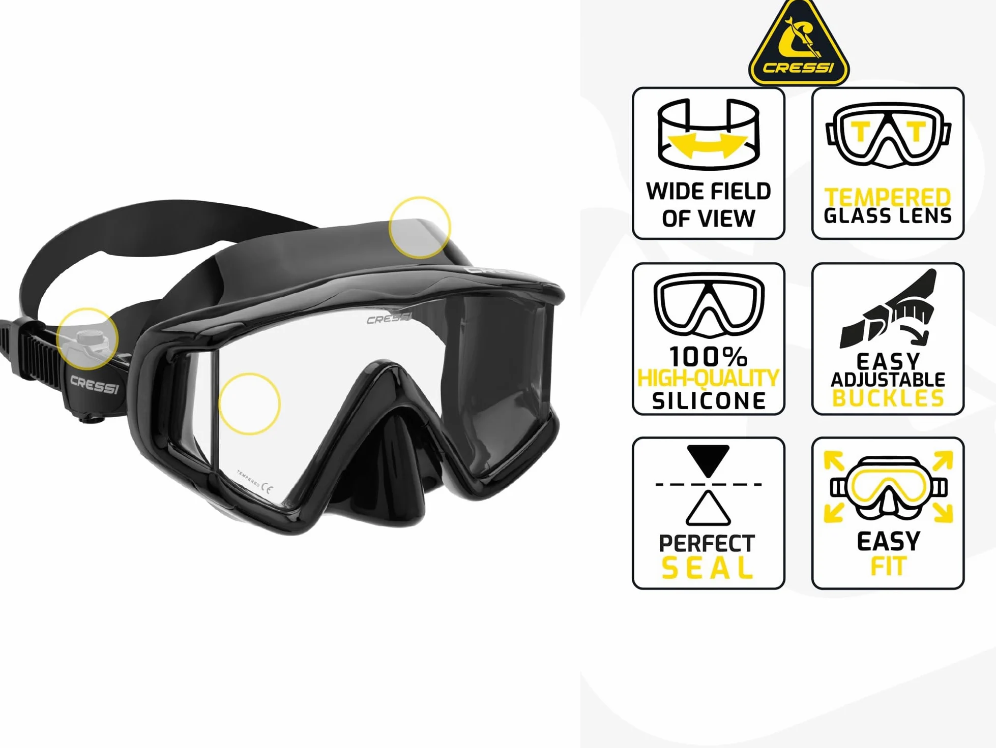 Cressi Máscara grande de visión amplia para buceo y esnórquel | Pano 3: diseñada en Italia