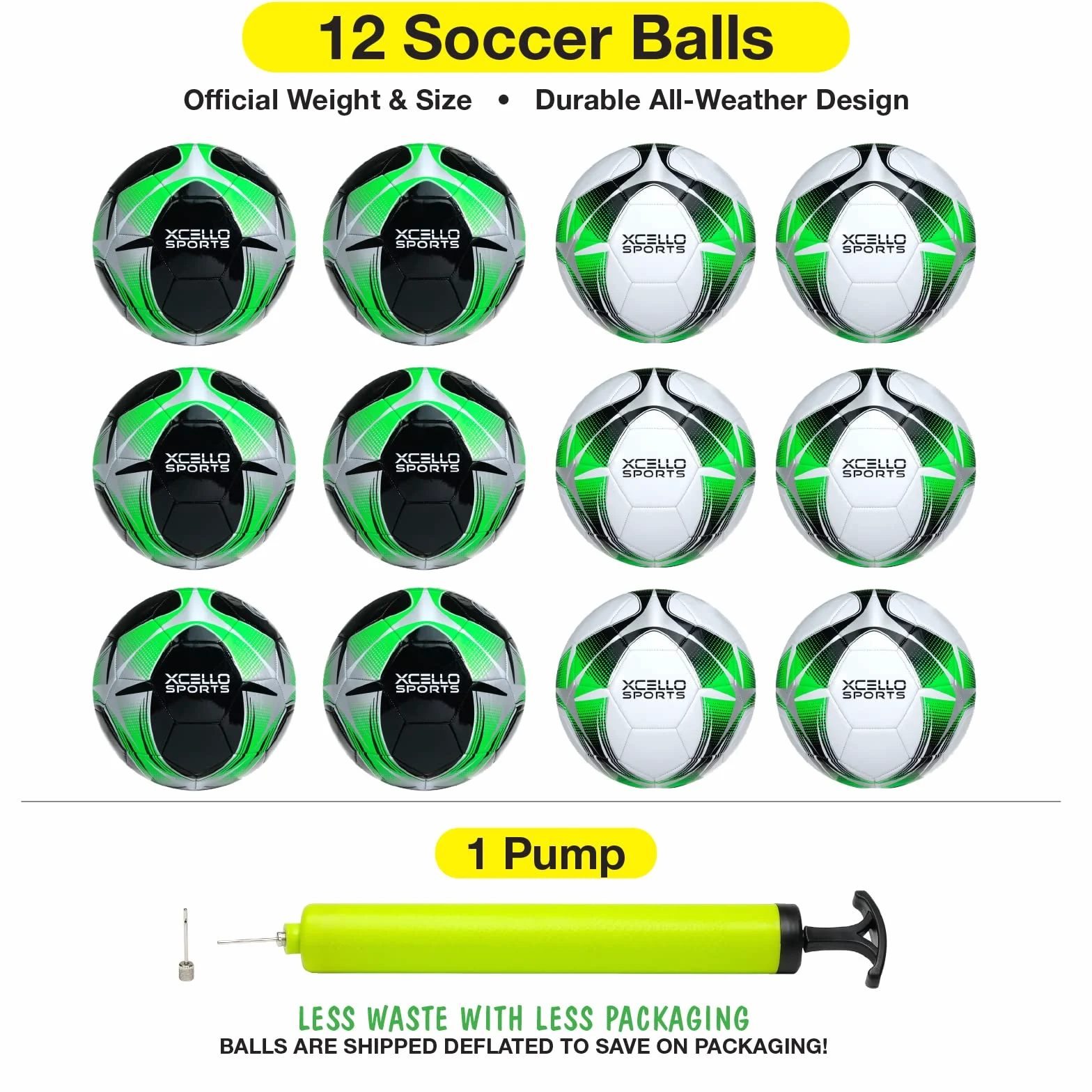 Xcello Sports Balón de fútbol (negro/verde/plata, blanco/verde/plateado) con bomba, tamaño 3, 4 o 5 y 2, 6, 12 o 24 paquetes