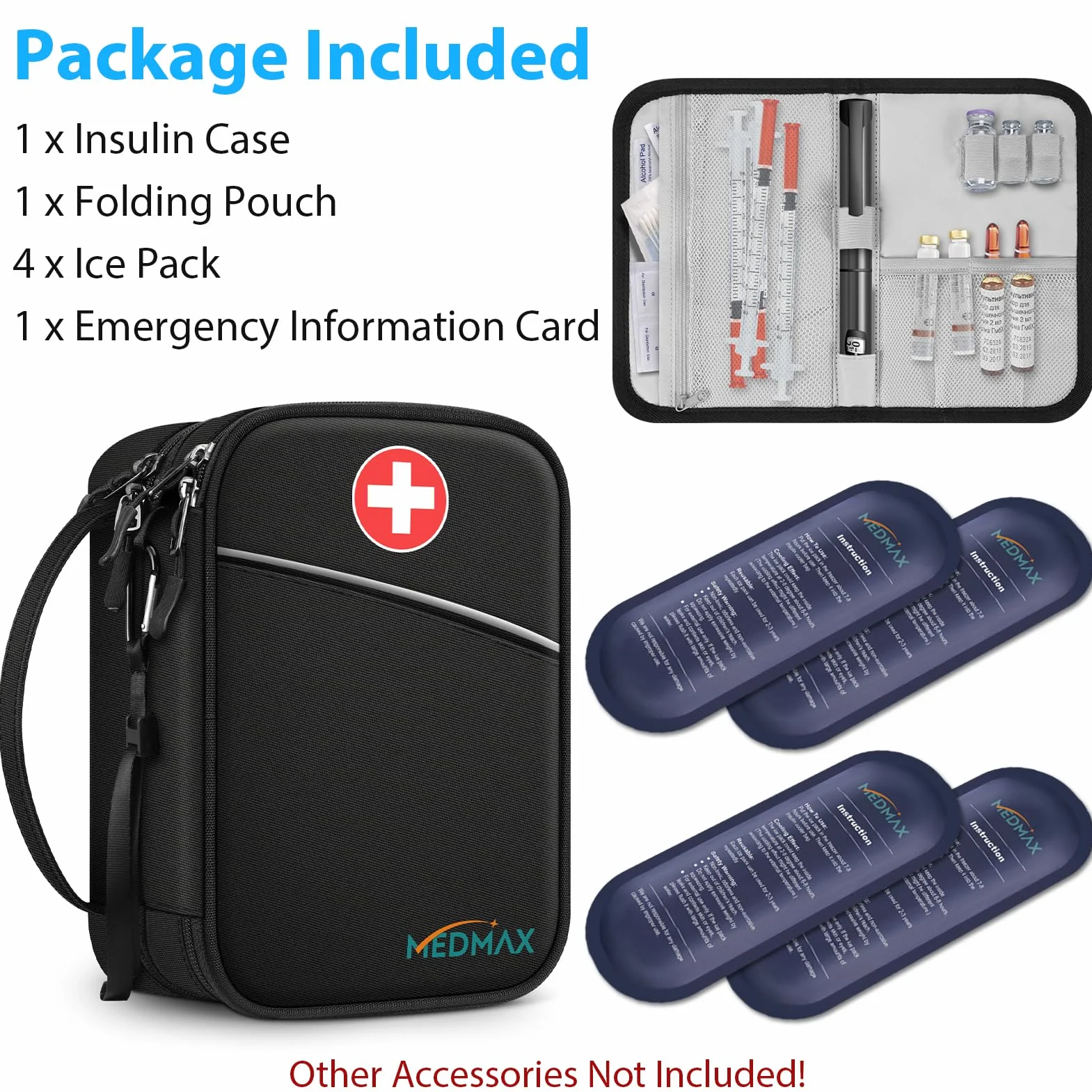MEDMAX Enfriador Bolsa de Insulina 4 Paquetes de Hielo, Organizador de Medicamentos Aislado Estuche, Negro