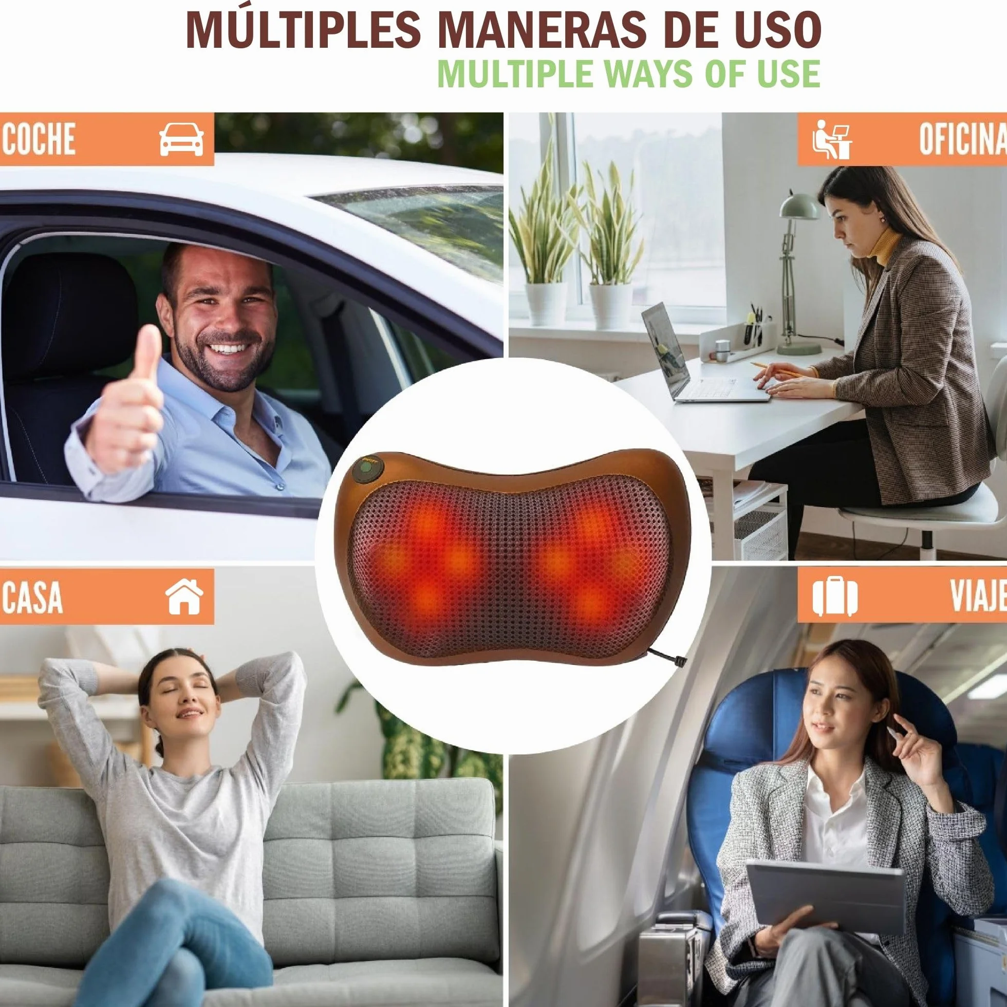 Masajeador Cervical y Espalda Cojín Eléctrico con Calor Funda Extra Marrón Almohada Shiatsu 8 Rodillos