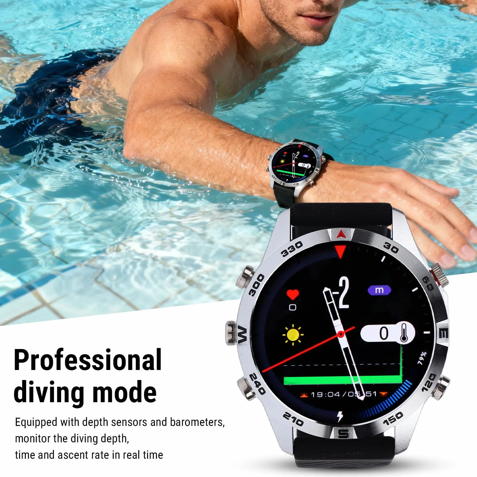 Keenso Reloj Inteligente, Computadora de Buceo con Sensor de Profundidad y Barómetro para Actividades Subacuáticas Batería de Alta Eficiencia a Prueba de Agua de 100 M