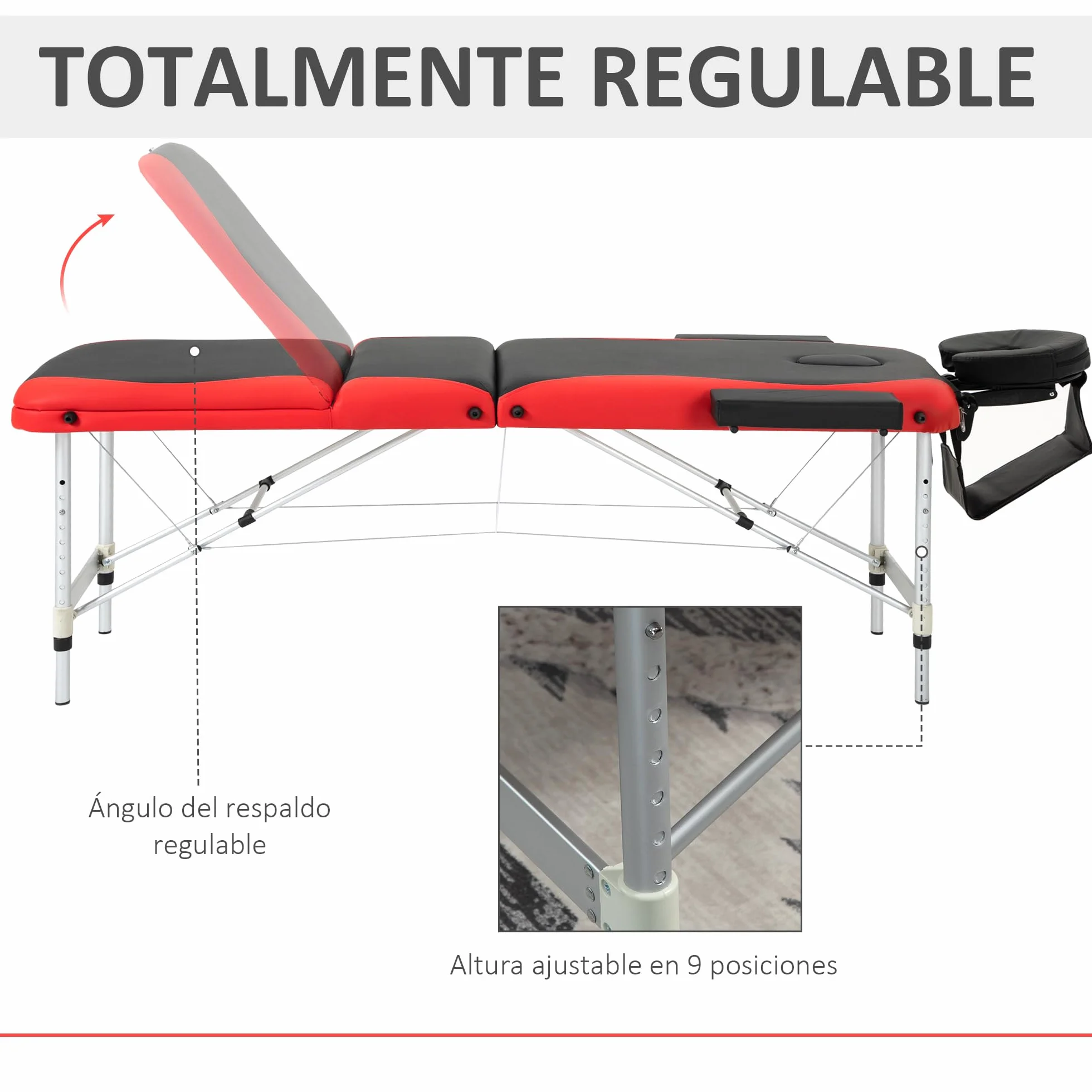 HOMCOM Camilla Masaje Plegable Aluminio Altura Ajustable 3 Zonas Tatuaje Fisioterapia Negro Rojo