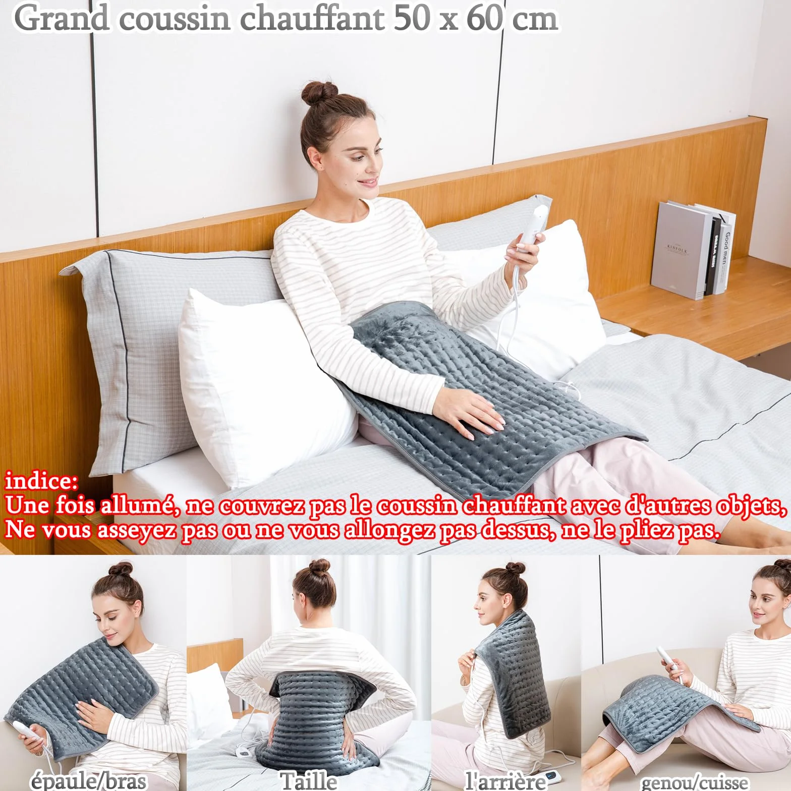 Manta Electrica Lumbar, Manta eléctrica para espalda, cuello, hombros y vientre con función de apagado automático, Franela Suave (gris oscuro, 50x60cm)