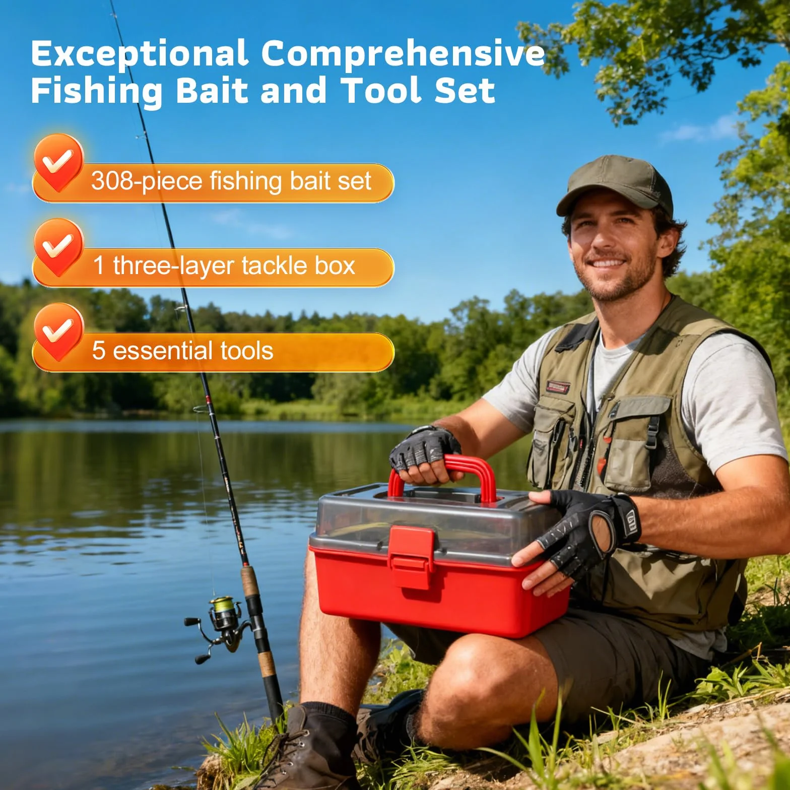 Juego de señuelos de pesca, 314 unidades, accesorios de pesca y accesorios de pesca con clips para labios, anzuelos, pesos de pesca, maletín de 3 estantes con accesorios, equipo de pesca adecuado para