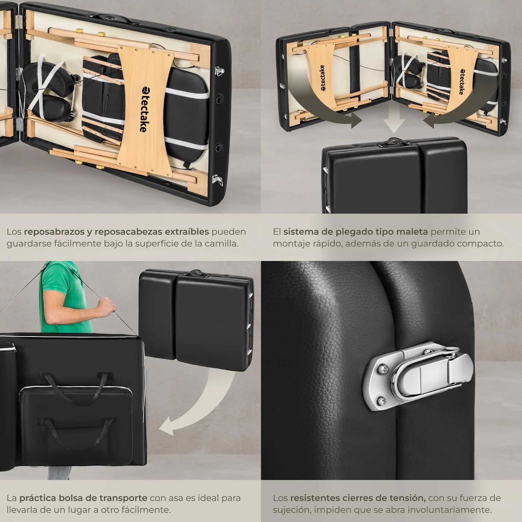 Tectake Camilla Masaje Plegable de Madera Profesional para Fisioterapia con Taburete, Cojines y Bolsa Transporte - Negro