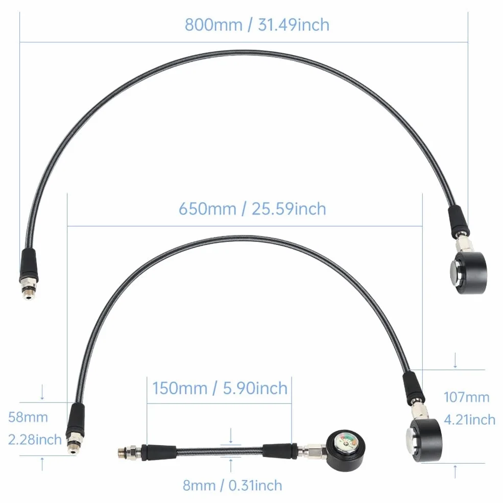Manguera luminosa de alta presión de fibra de carbono, clasificación de 300 bares, giro de 360°, rosca 7/16-20UNF compatible con tanques
