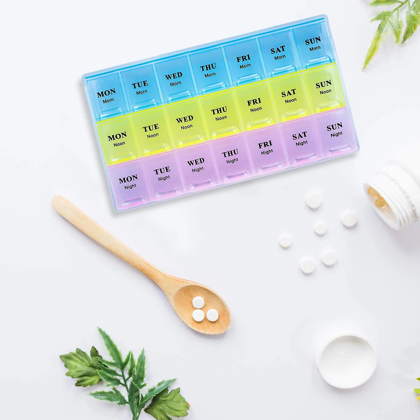 Pastillero semanal para vitaminas y medicamentos, organizador 21 tomas, 3 tomas diarias, 2 unidades