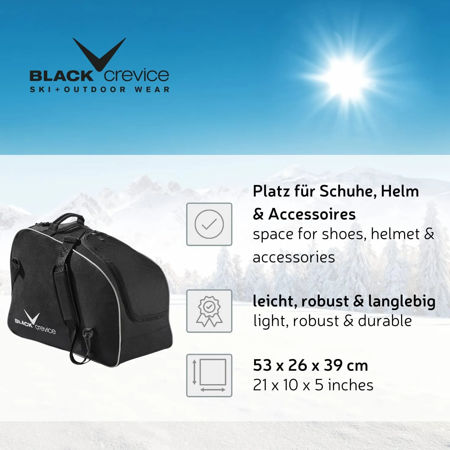 Black Crevice Bolsa para Botas y Casco de esquí I Bolsa para Botas de esquí/Snowboard y Casco Ajustable con Gran Compartimento Principal y secundario con Cremallera I tamaño: 53x26x39cm