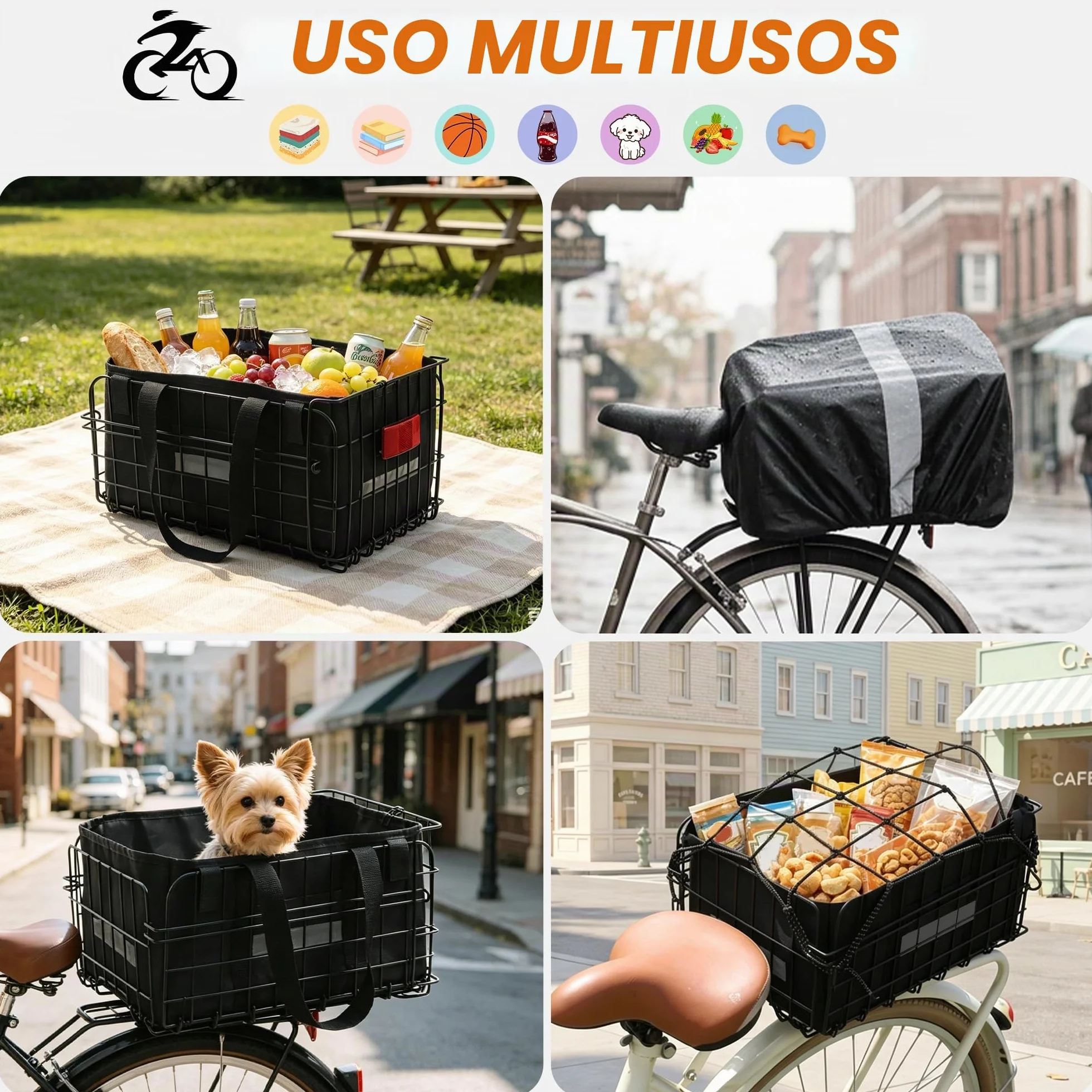 Wdmiya Cesta Trasera para Bicicleta, Cesta Plegable de Gran Capacidad con Red para Equipaje, Forro portátil y Funda Impermeable para IR al Trabajo