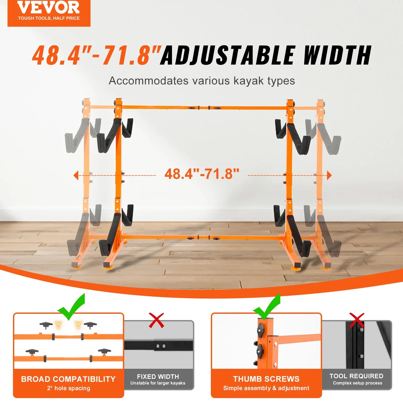 VEVOR Soporte para Kayak Independiente, 4 Piezas de Capacidad, Porta Kayak, Remo para Canoa, Soporte para Tabla de Remo de Acero Resistente con Brazos Acolchados, Ancho Ajustable, Carga 100 kg
