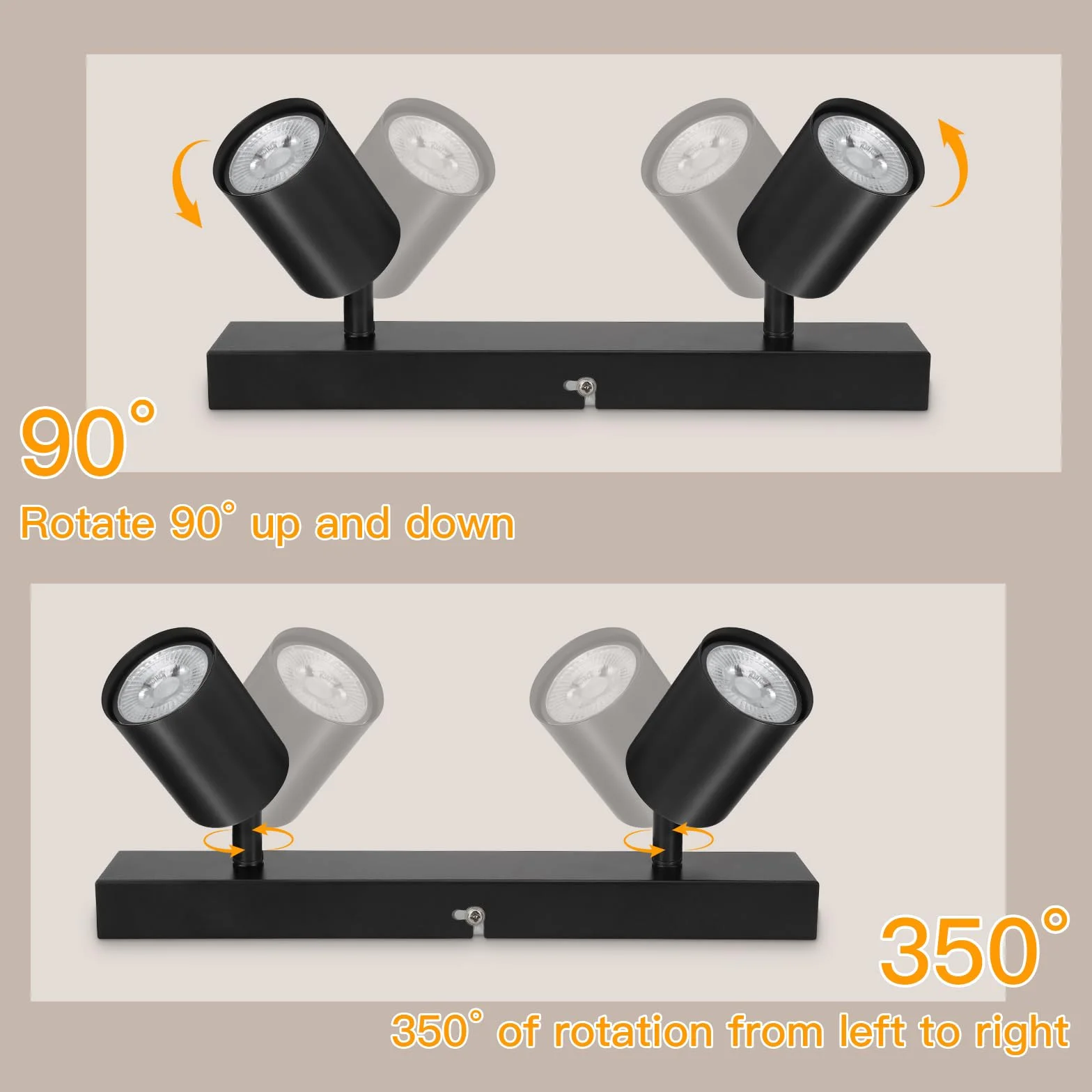 Lámpara de Techo 2 Focos Giratorios GU10, Lámpara de Pared LED Negro Ajustable, Iluminación Interior Dormitorio Pasillo Cocina