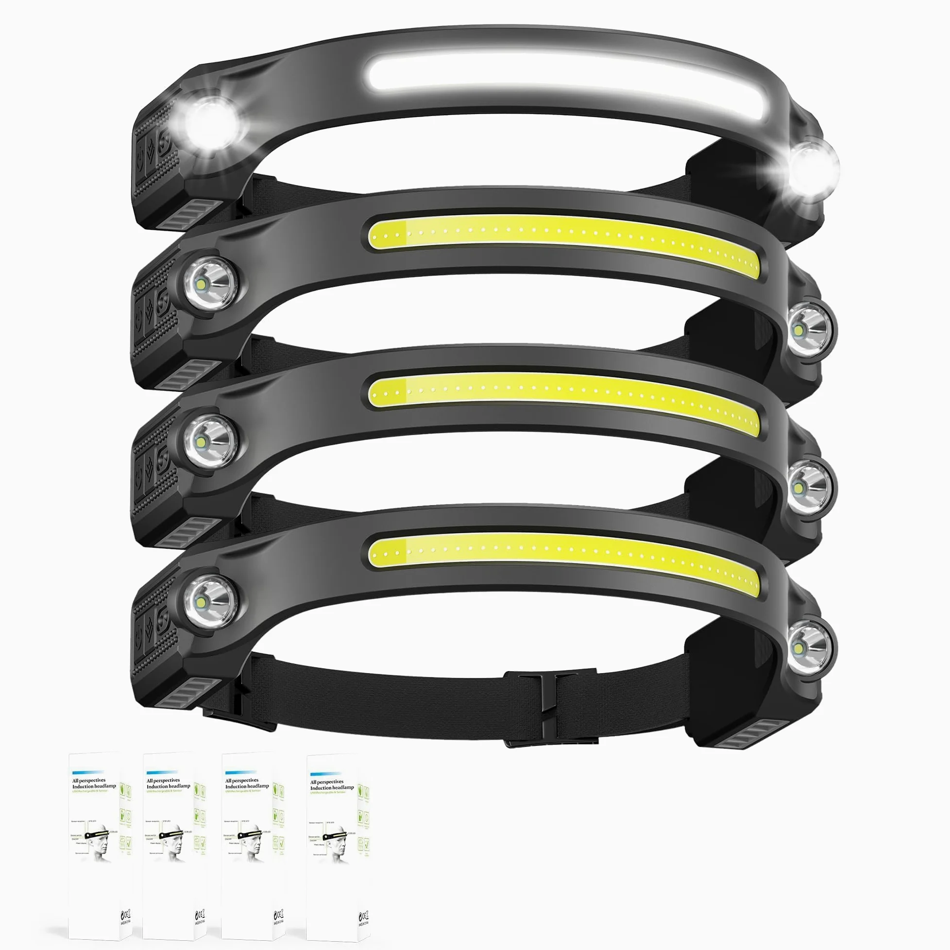 AlpsWolf Linterna frontal LED recargable, 2 faros LED XPE y COB, modo sensor, haz ancho de 260°, impermeable IPX4, faro recargable para camping (paquete de 4)