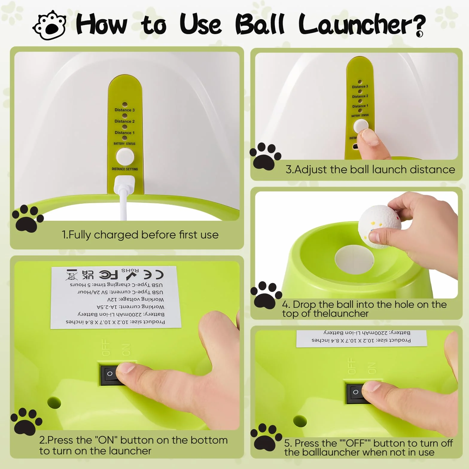 Máquina lanzadora de pelotas para perros, con 6 pelotas de tenis, con 3 niveles de distancia (6-14 m), recargable, para perros pequeños, color verde