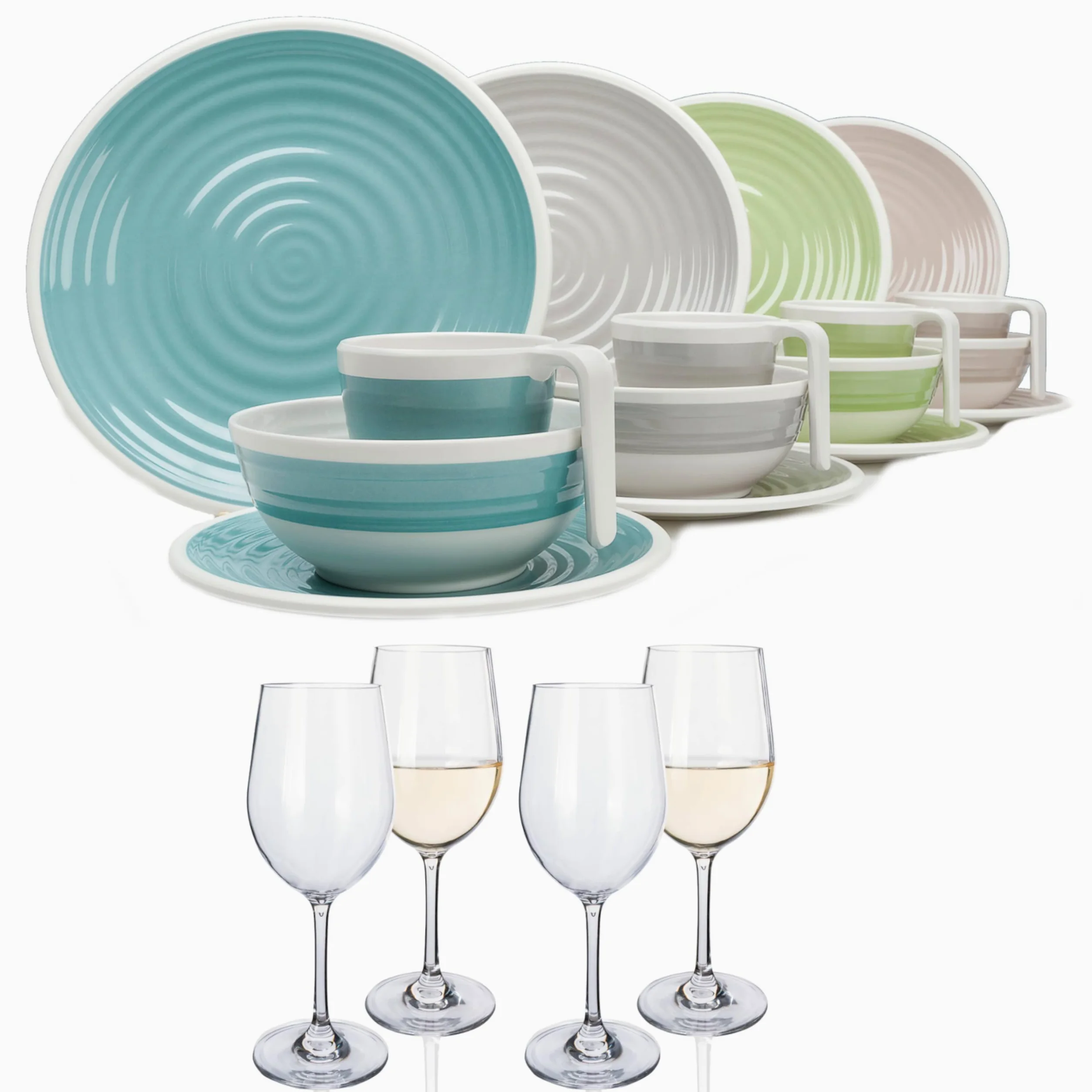 Vajilla de melamina para camping, 4 personas, armonía, 16 piezas + 4 copas de vino blanco, vajilla de pícnic, barbacoa