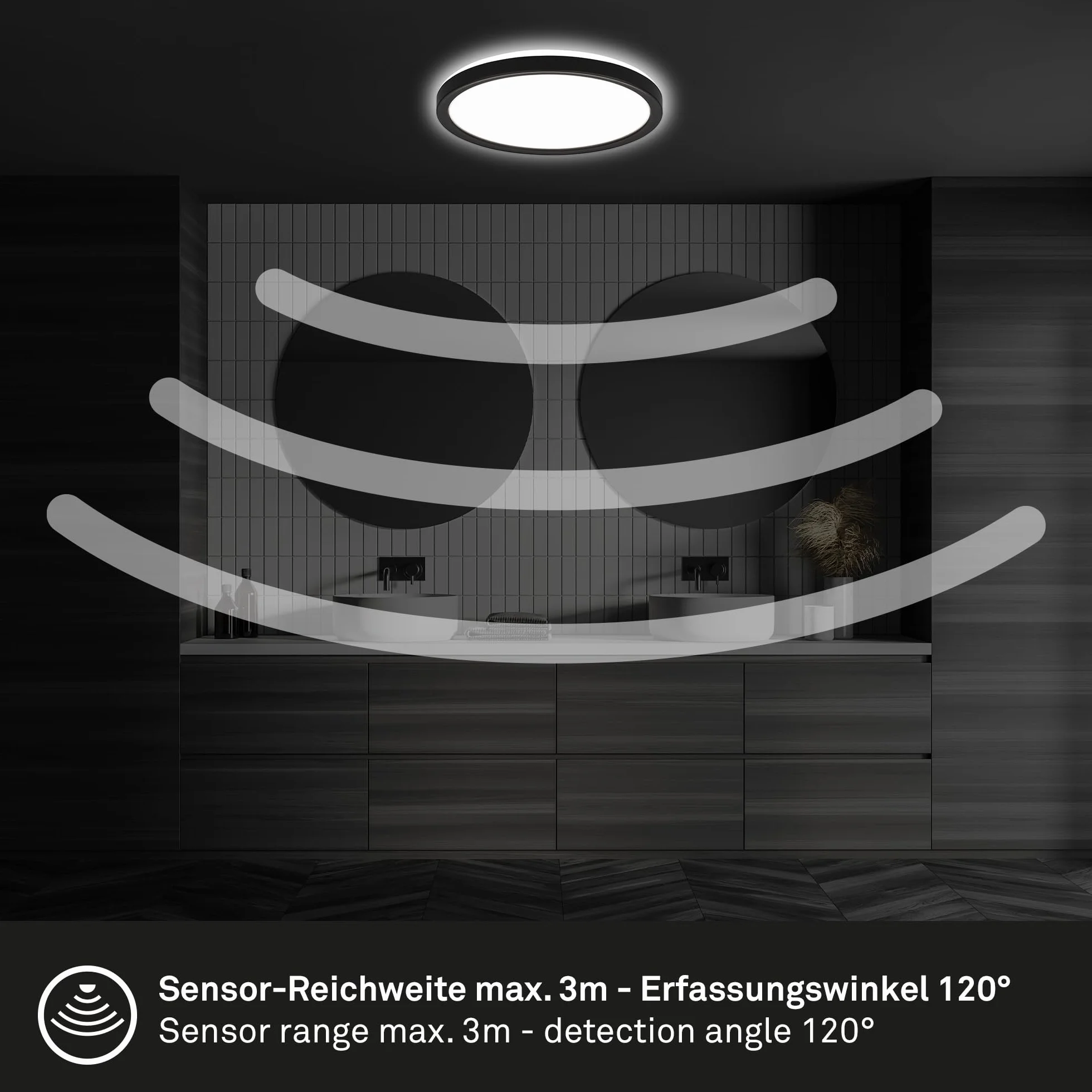 BRILONER Lámpara de techo LED con detector de movimiento IP44 24x3 cm negro