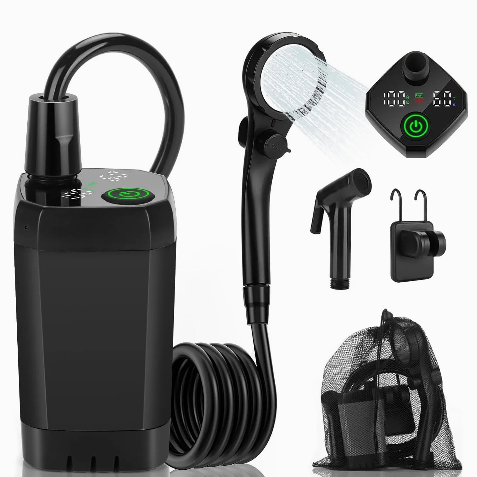 Ducha Portatil Camping con Pantalla LED – Bomba de Ducha Exterior IPX7 Impermeable para Jardín, Playa, Coche y Mascotas