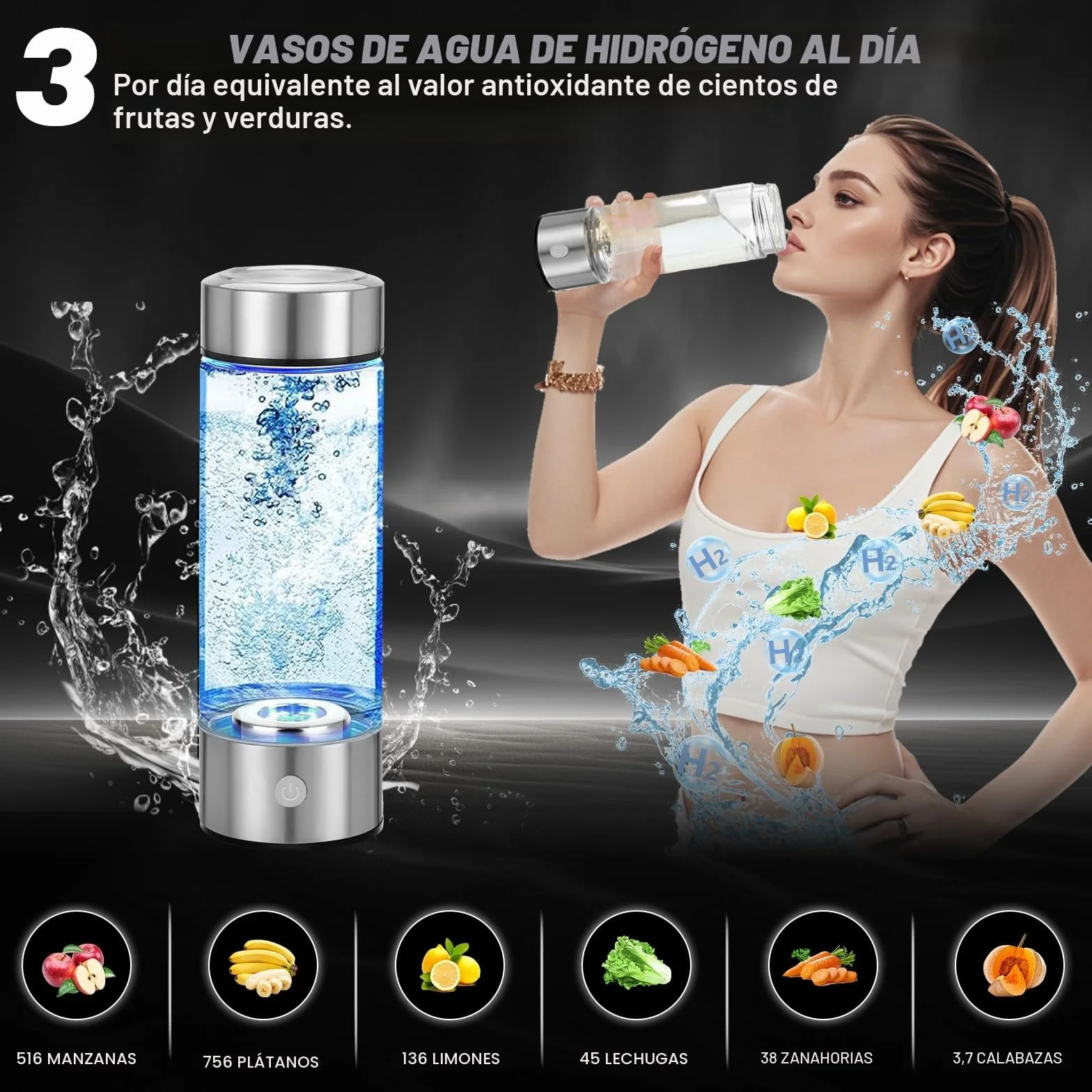 Botella de agua de hidrógeno rica en hidrógeno: tecnología SPE/PEM mejorada, botella portátil recargable de vidrio (adecuada para agua purificada y destilada)