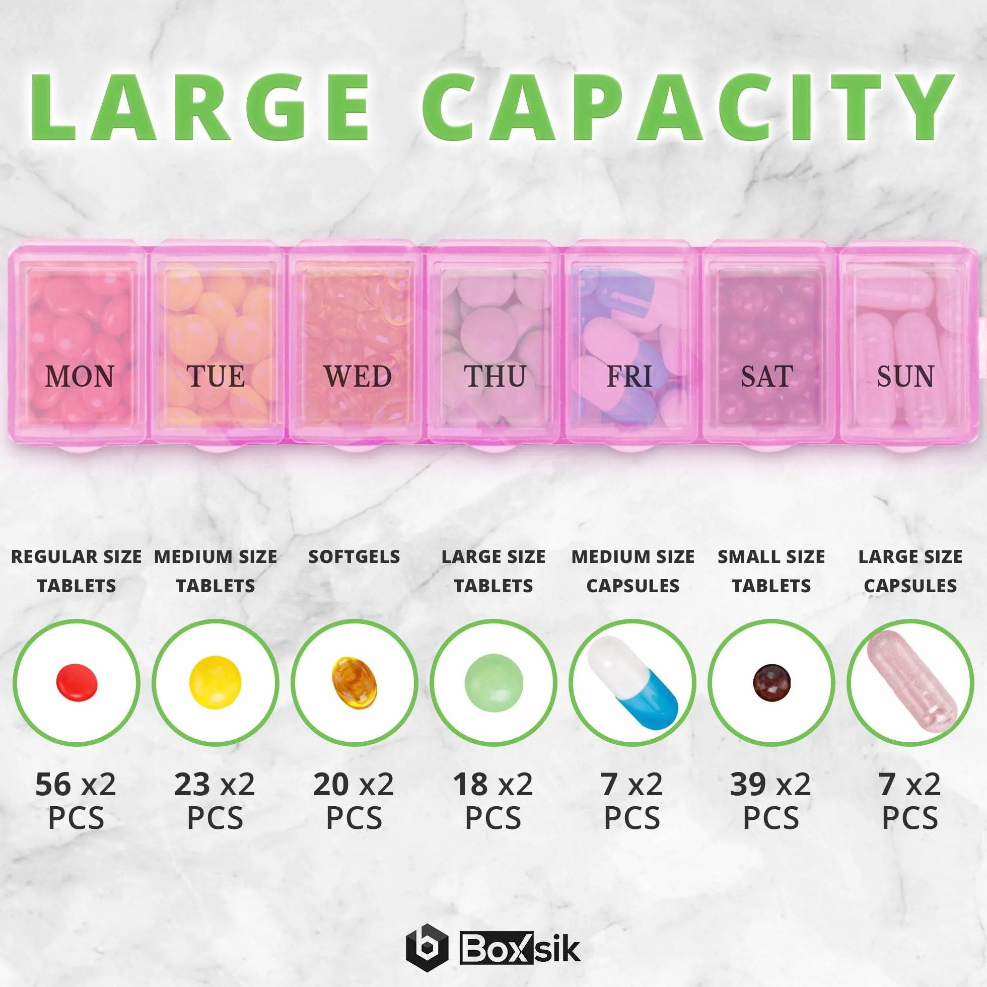 Pastillero Organizador Rosa Estuche 7 Días 1 Vez al Día Contenedor Semanal Suplementos