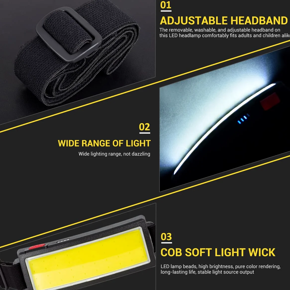 LETOUR Linterna frontal LED de 10 unidades, recargable, COB superbrillante, 1000 lúmenes, ligera, impermeable, 3 modos, luz de trabajo, 1200 mAh, ajustable, para camping, senderismo