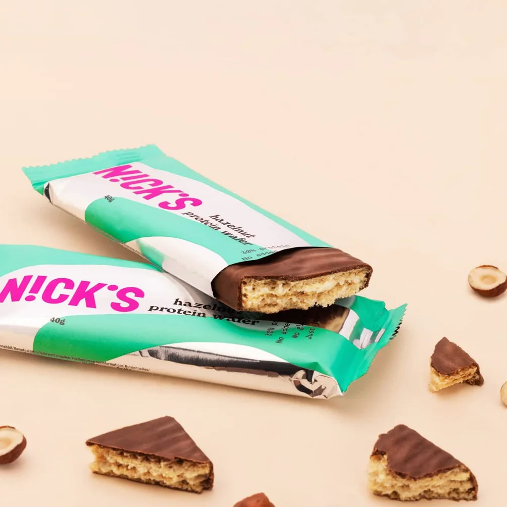 NICKS Barritas Protein wafer 25% Proteína 203 calorías Chocolate Sin Azúcar Añadido Low Carb Snack Bar Sin Gluten 9x40g