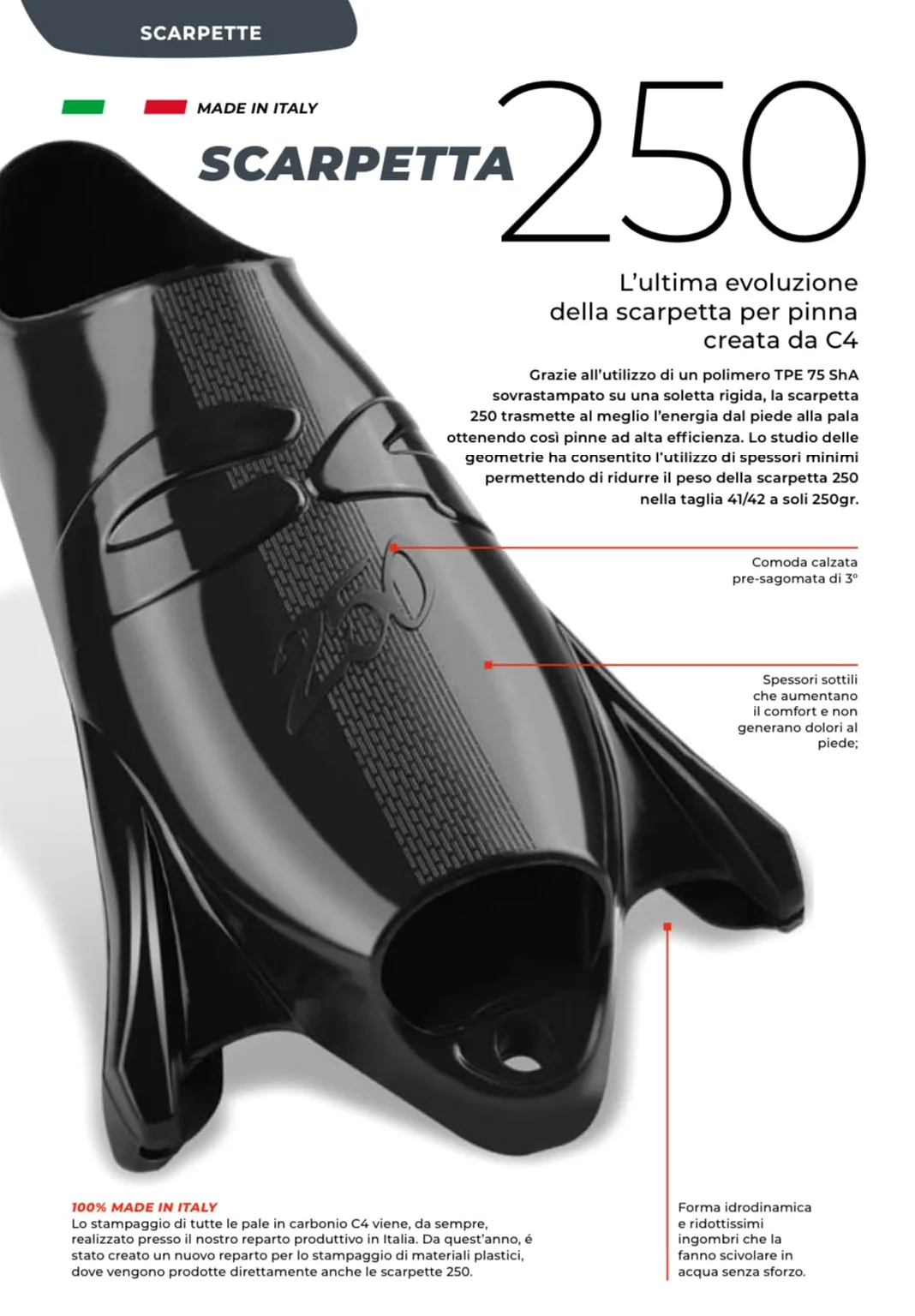 C4 Aletas MB002 - Aletas de carbono Apnea para pesca subacuática con zapatilla C4 250, dureza pala 20-25-30, longitud de la pala 87,5 cm