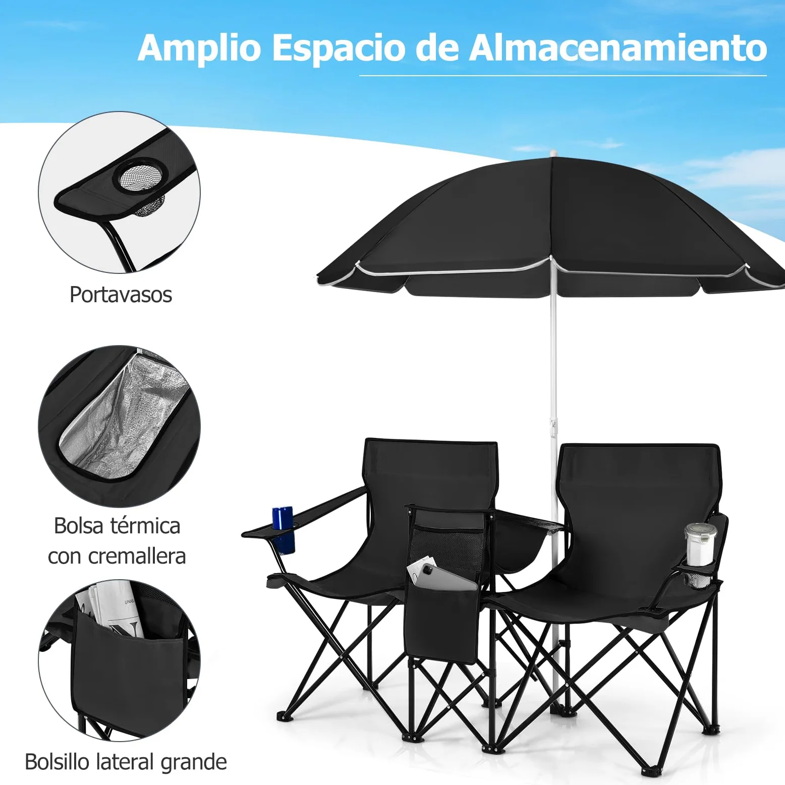 GIANTEX Juego de 2 Sillas de Camping Plegables con Sombrilla, Sillas de Pesca para 2 Plazas con Portavasos y Bolsa Nevera, para 2 Personas, con Bolsa de Transporte (Negro)