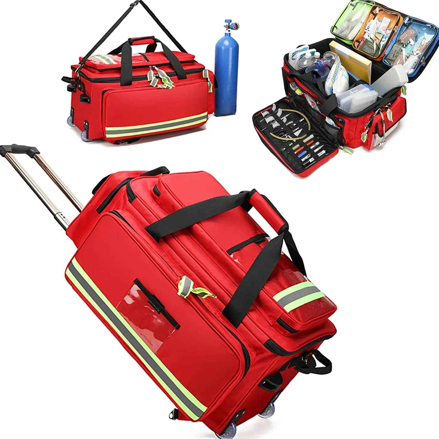 Kit de primeros auxilios – Bolsa médica de gran capacidad con ruedas, bolsa de lona médica de emergencia portátil para exteriores con compartimentos para tanque de oxígeno, bolsa vacía para