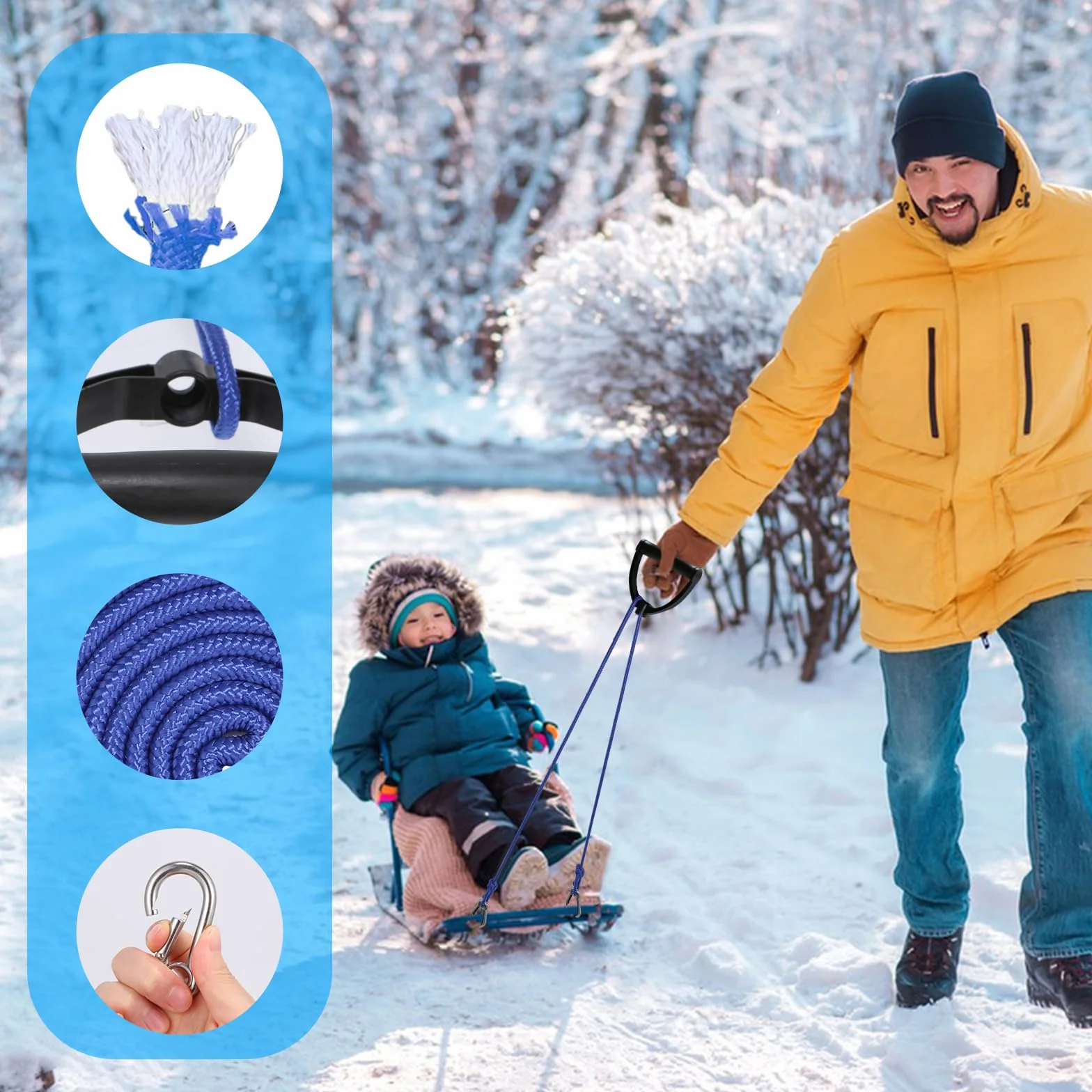 Cuerda de Trineo con Mosquetón y Asa, 4M, Accesorios para Trineo Invierno