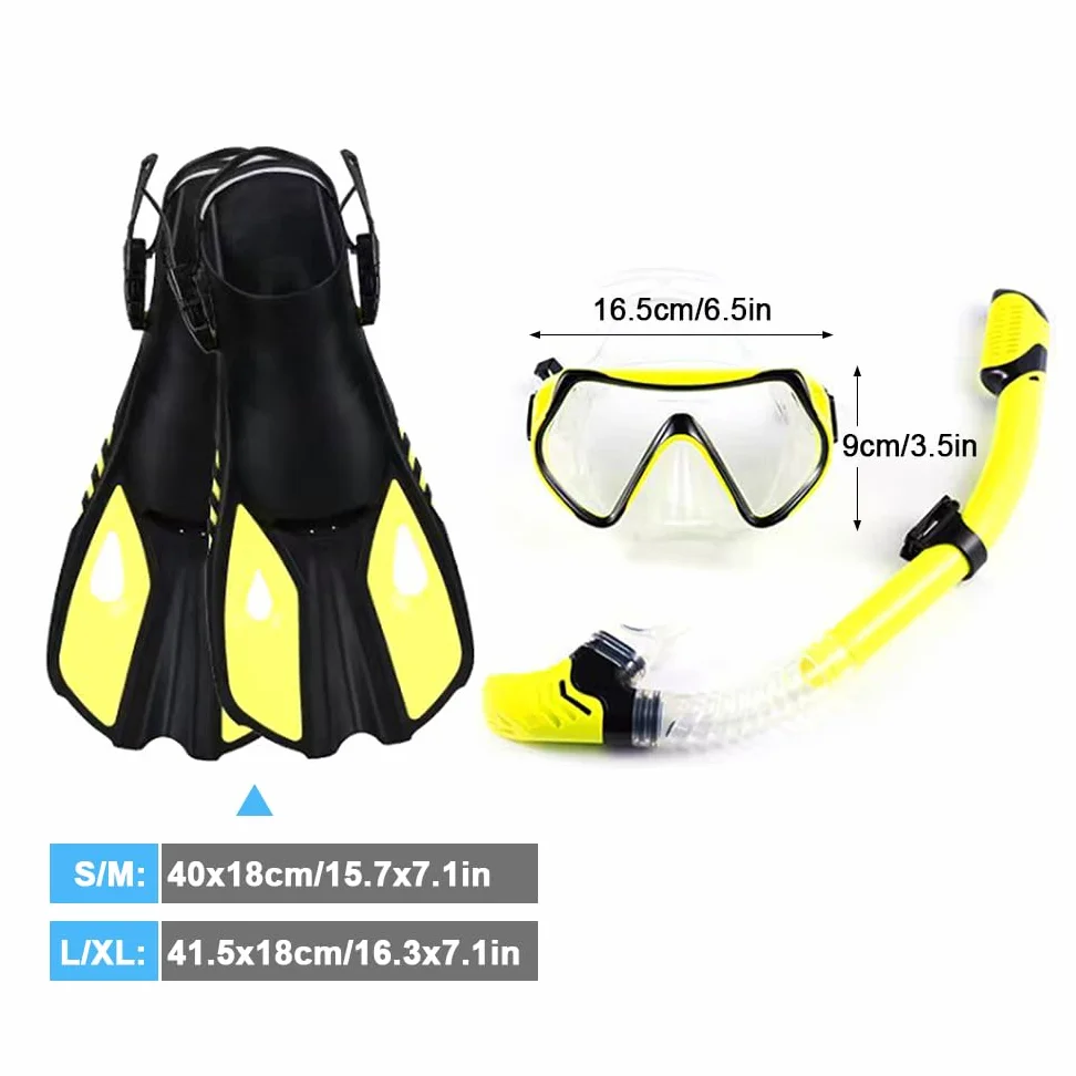 Gafas de Buceo Máscara de Buceo Transparente de Tres Ventanas con Snorkel Completamente seco y Aletas Ajustables para Hombres y Mujeres Equipo de Buceo