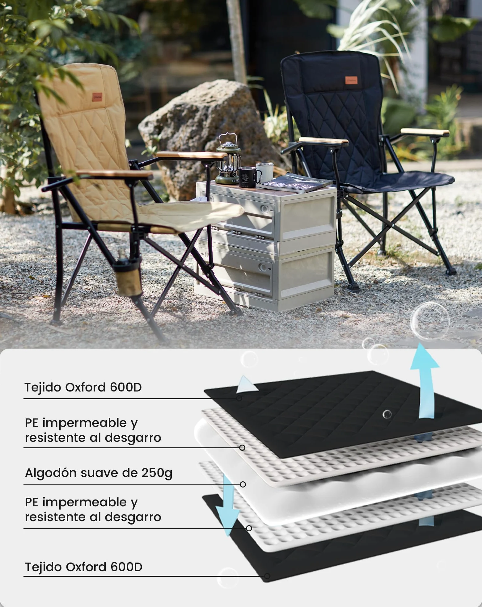 KingCamp Silla de Camping Plegable 136kg, Respaldo Alto, Acolchada | XXL Silla Plegable, con Brazos de Madera, Doble Acolchado, Portavasos, Bolsa de Transporte, para Camping, Jardín y Pesca.