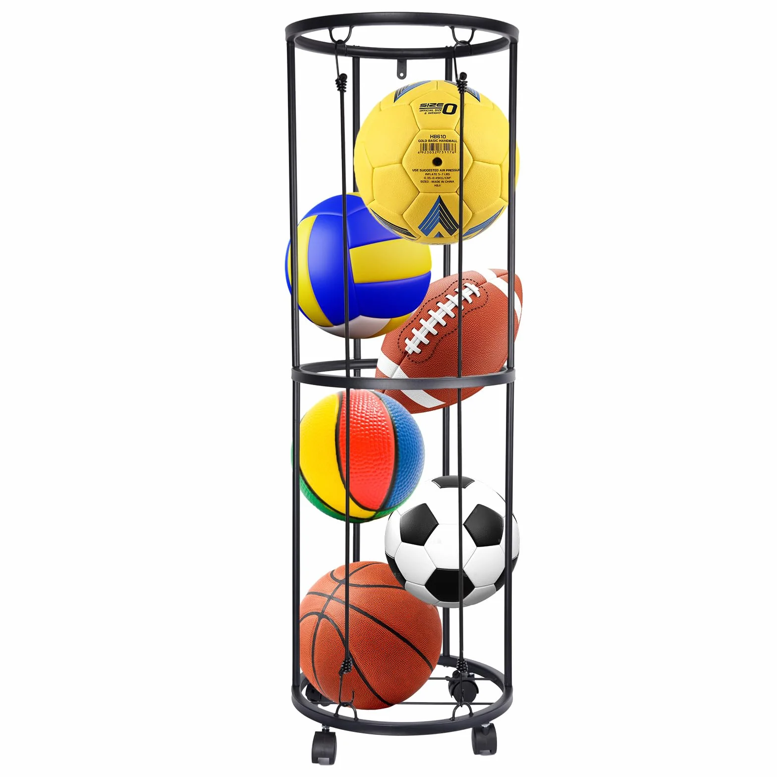 Rack Vertical de balones de 2 Niveles con Ruedas, Estante de Almacenamiento de balones Deportivos, Organizador de Almacenamiento de balones Deportivos para Garaje Que Ahorra Espacio