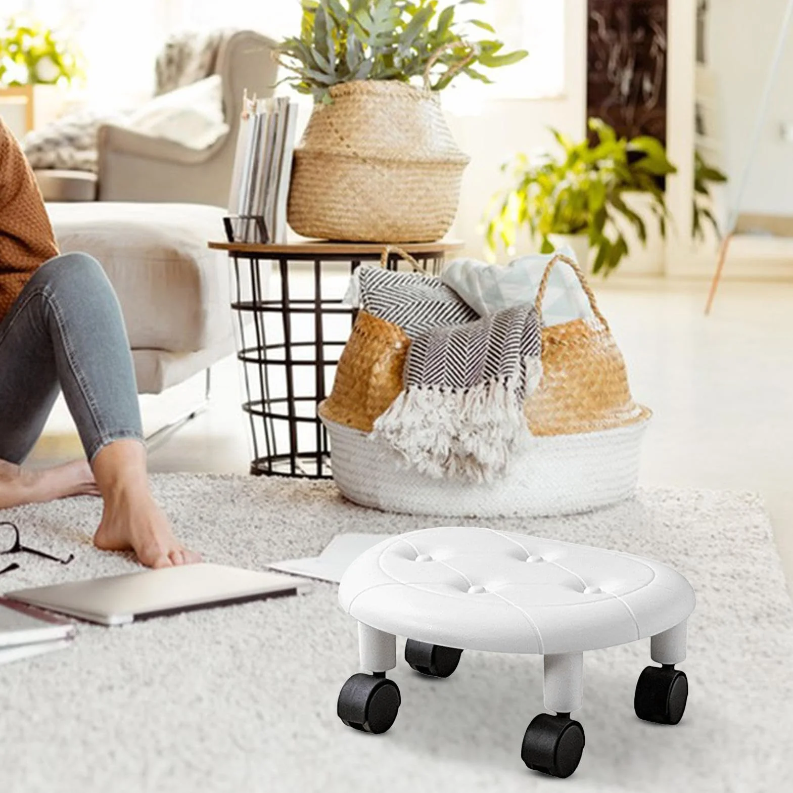 Silla de Ruedas Baja Giratoria 360° para Belleza, Salón de Uñas, Spa