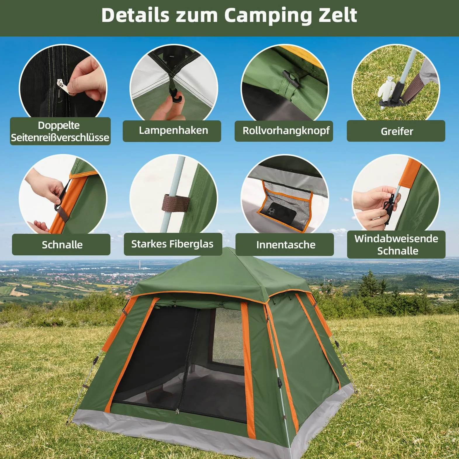 HAUSPROFI tienda de campaña pop up para 2 a 3 personas, toldo para ventana, tienda impermeable automática, doble ventilación, protección contra mosquitos, 2 capas