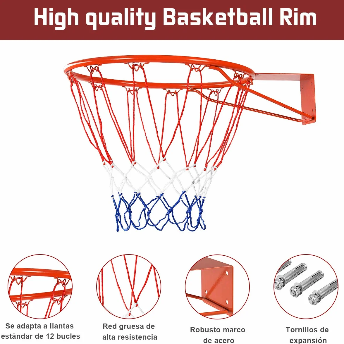COSTWAY Ø 45 cm Canasta de Baloncesto para Pared con Red de Nylón, Marco de Acero, Juguete para Interior y Exterior (Estilo 1)