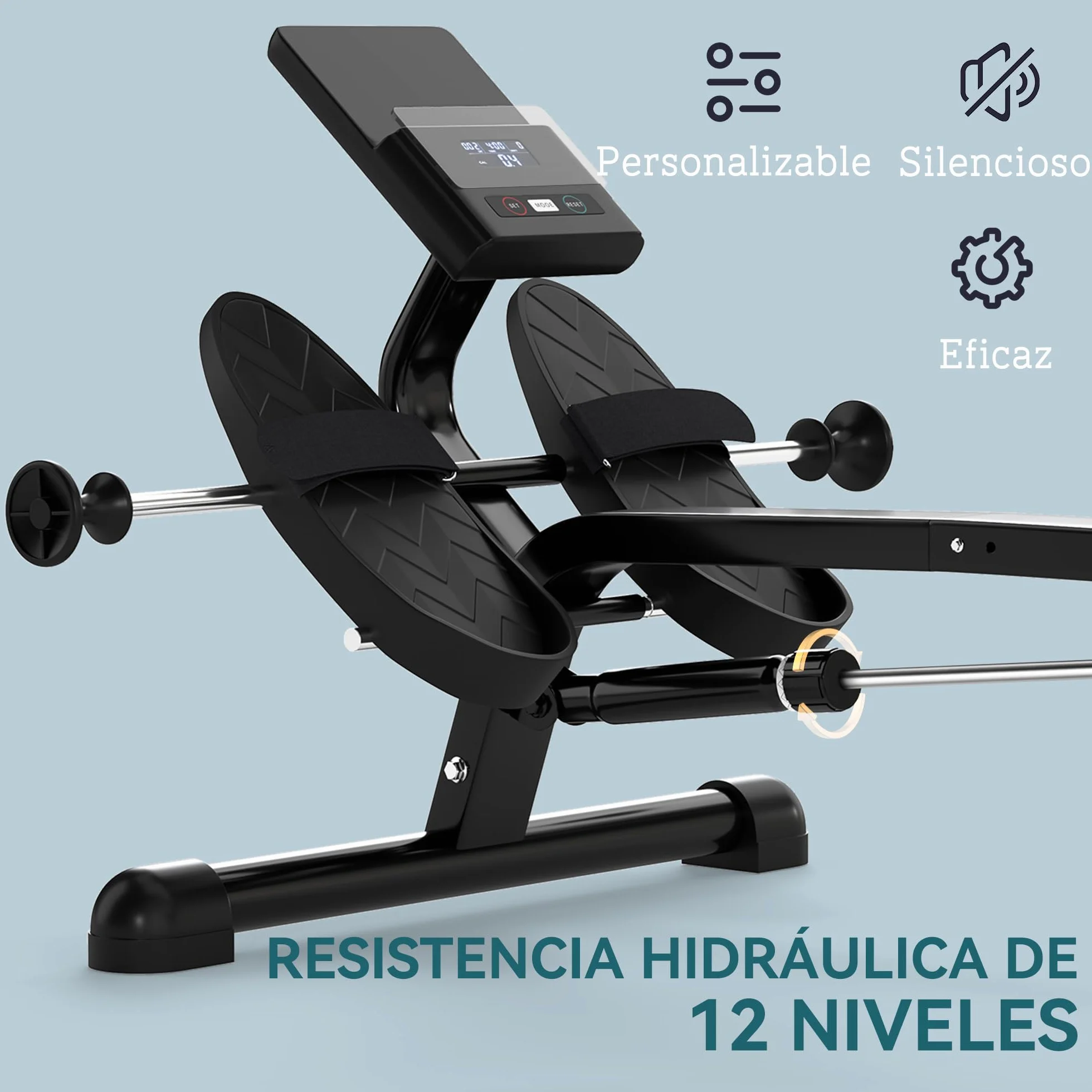 SPORTNOW Máquina de Remo para Casa, 12 Niveles de Resistencia Hidráulica, Máquina de Remo con Pantalla LCD, para Entrenaminto de Fitness, en Hogar Gimnasio, Carga 130 kg, Negro