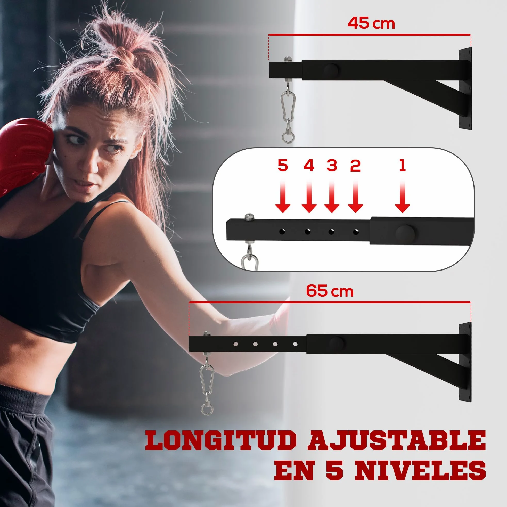 SPORTNOW Soporte Saco Boxeo de Pared, Distancia Ajustable 45-65 cm, Gancho Giratorio 360°, Cadenas, Carga 60 kg, Negro